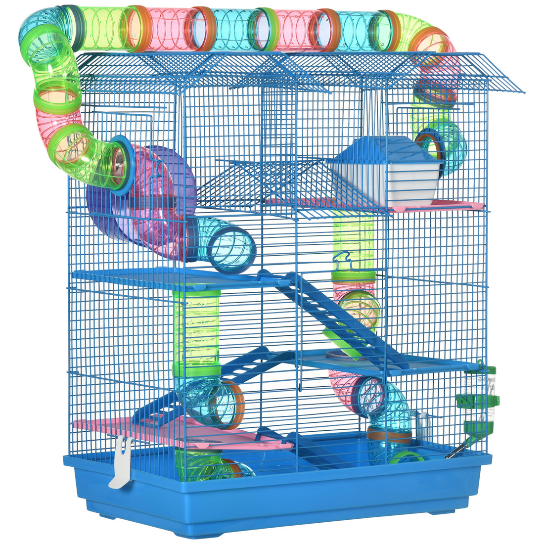 Pawhut 18.5" 5 Tier Hamster Cage With Tubes And Tunnels, Small Animal Cage, Rat Gerbil Cage With Water Bottle, Food Dish, Exercise Wheel, Blue Blue Metal