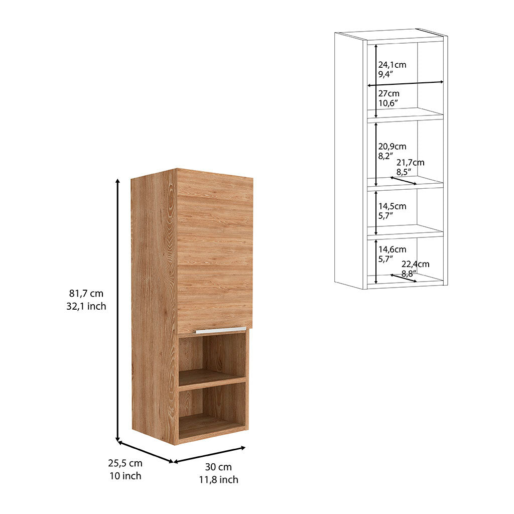 Medicine 32H" Single Door Cabinet, Two Interior Shelves, Two External Shelves, Light Oak Beige Particle Board Particle Board