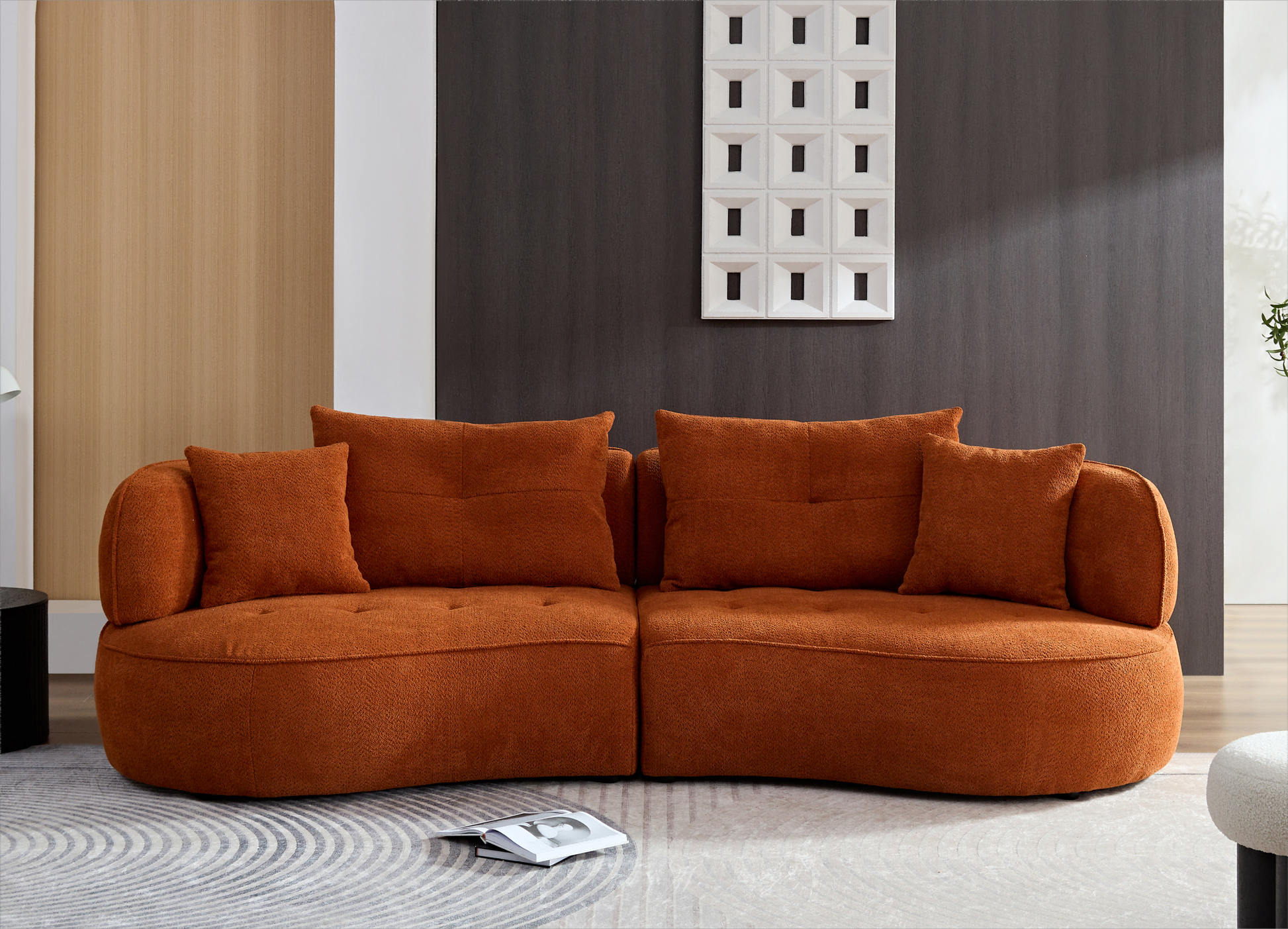 Wks7C Orange Sectional Sofa With Removable Pillows, Durable Fabric, Solid Wood Frame, High Density Sponge Filler Orange Fabric 4 Seat