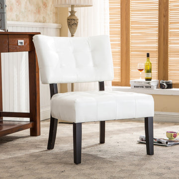 Blended Leather Tufted Accent Chair With Oversized Seating, Ivory Ivory Wood