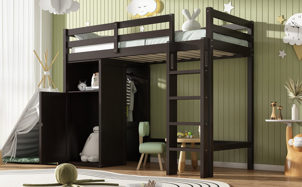 Twin Loft Bed With Wardrobe, Storage Shelves And Ladder, Espresso Twin Espresso Solid Wood Mdf