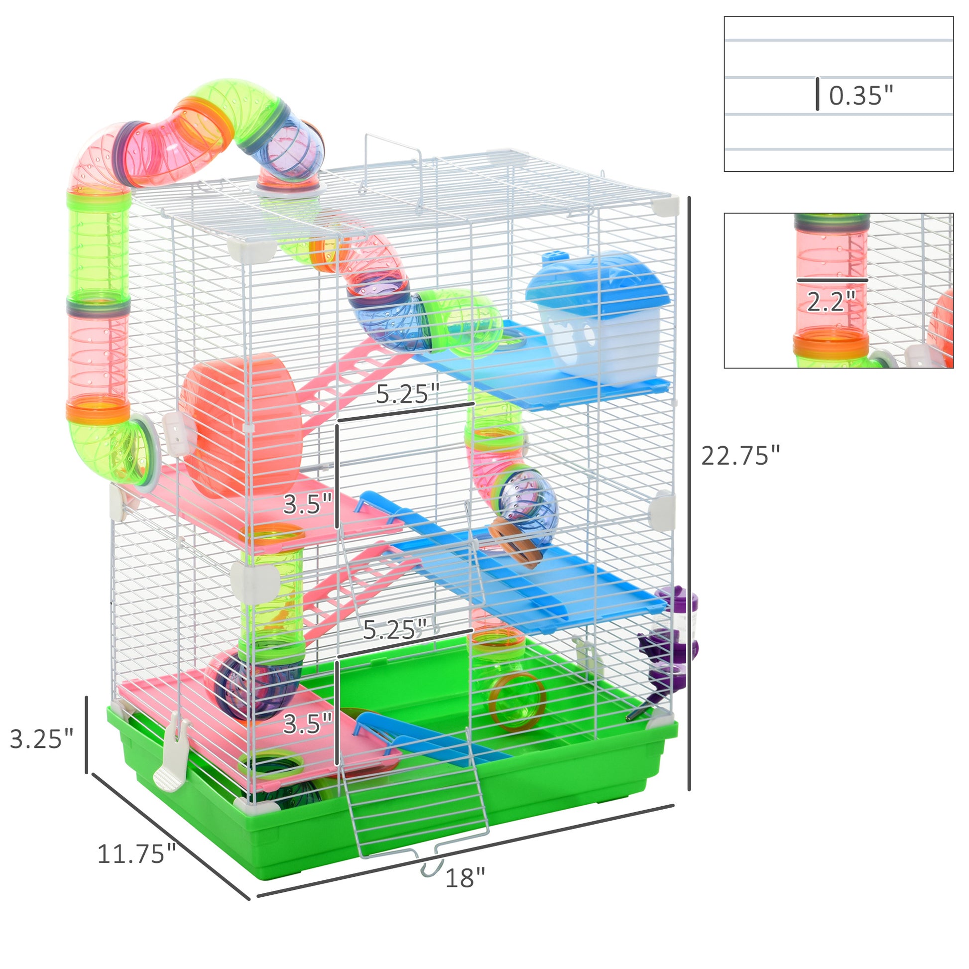 Pawhut 18" 5 Tier Hamster Cage With Tubes And Tunnels, Small Animal Cage With Portable Carry Handle, Rat Gerbil Cage With Water Bottle, Food Dish, Exercise Wheel Green Metal