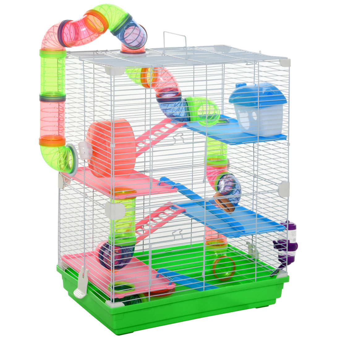 Pawhut 18" 5 Tier Hamster Cage With Tubes And Tunnels, Small Animal Cage With Portable Carry Handle, Rat Gerbil Cage With Water Bottle, Food Dish, Exercise Wheel Green Metal