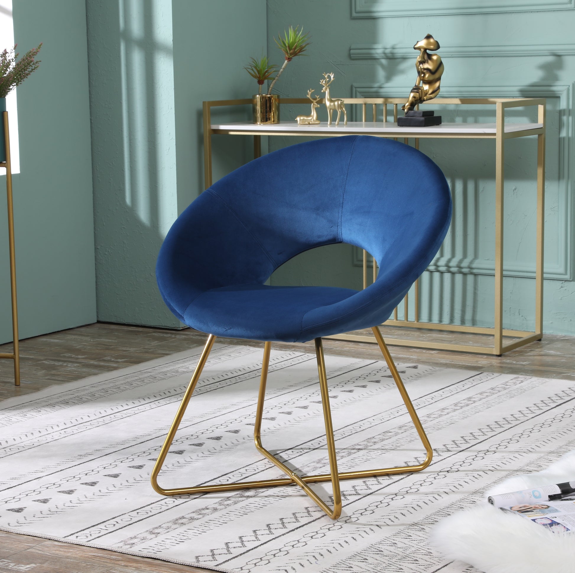 Slatina Blue Silky Velvet Upholstered Accent Chair With Gold Tone Finished Base Blue Polyester