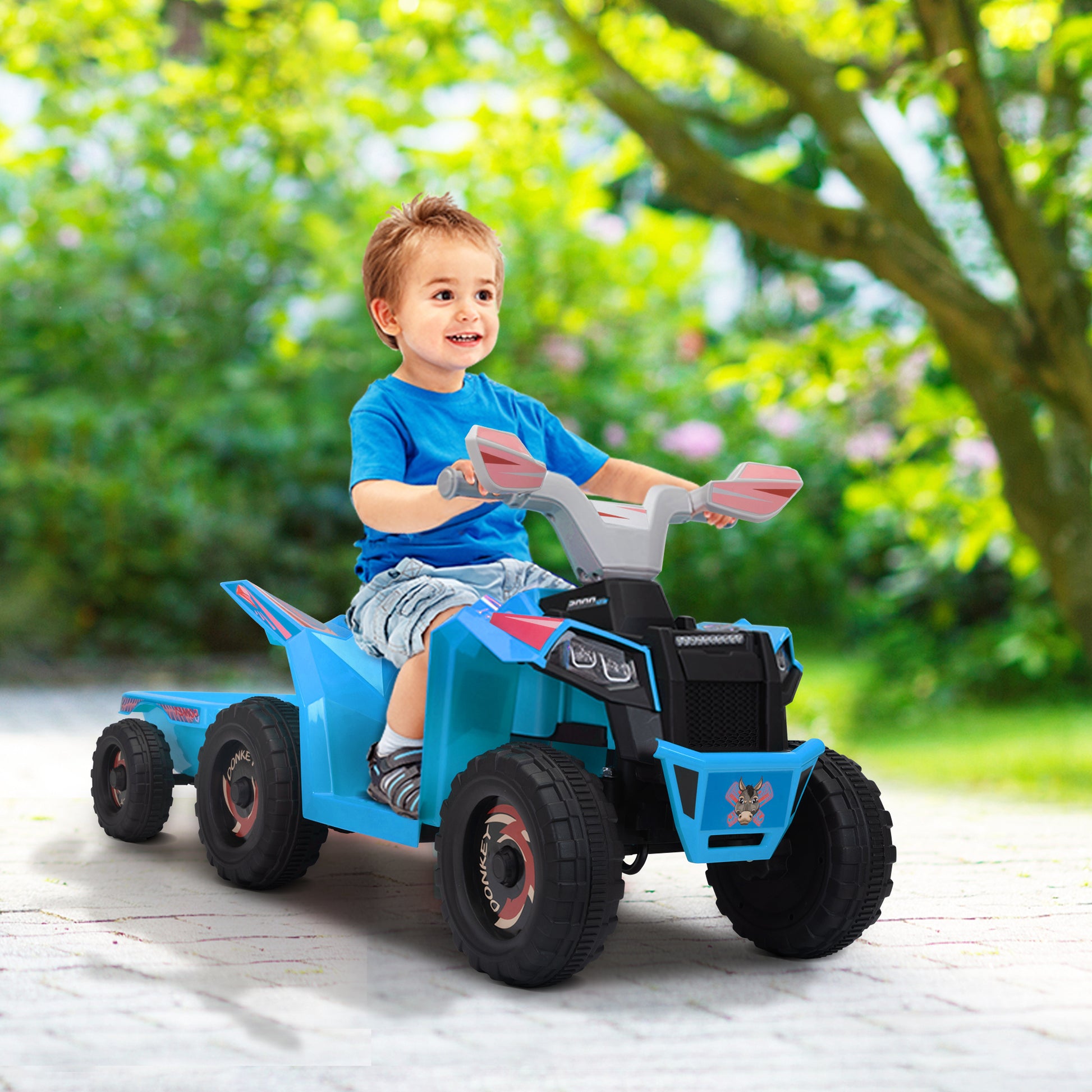 6V Kids Electric Atv, Toddler Ride On Car With Trailer, Music, Bluetooth And Power Display For Boys And Girls, Blue Blue Polypropylene