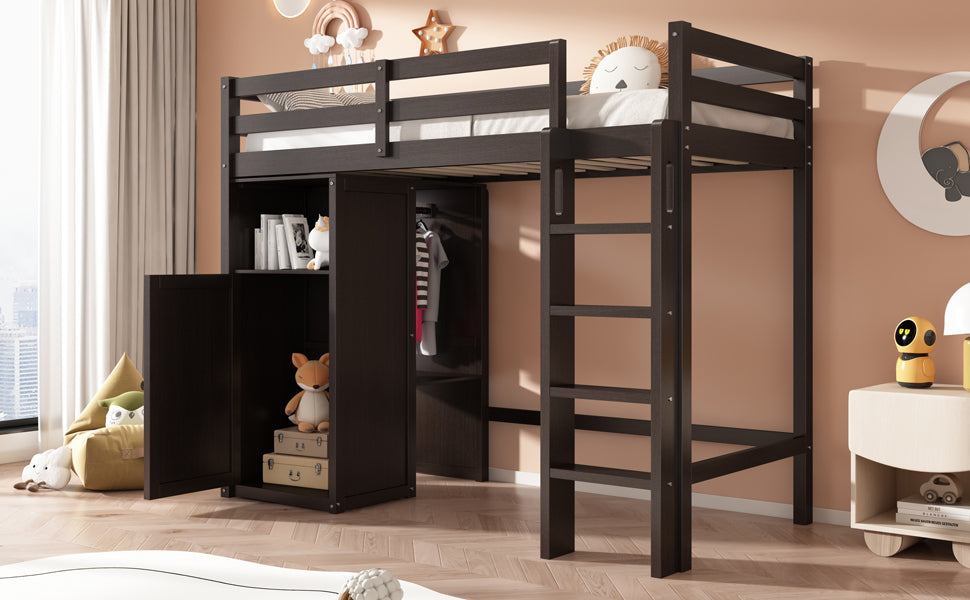 Twin Loft Bed With Wardrobe, Storage Shelves And Ladder, Espresso Twin Espresso Solid Wood Mdf