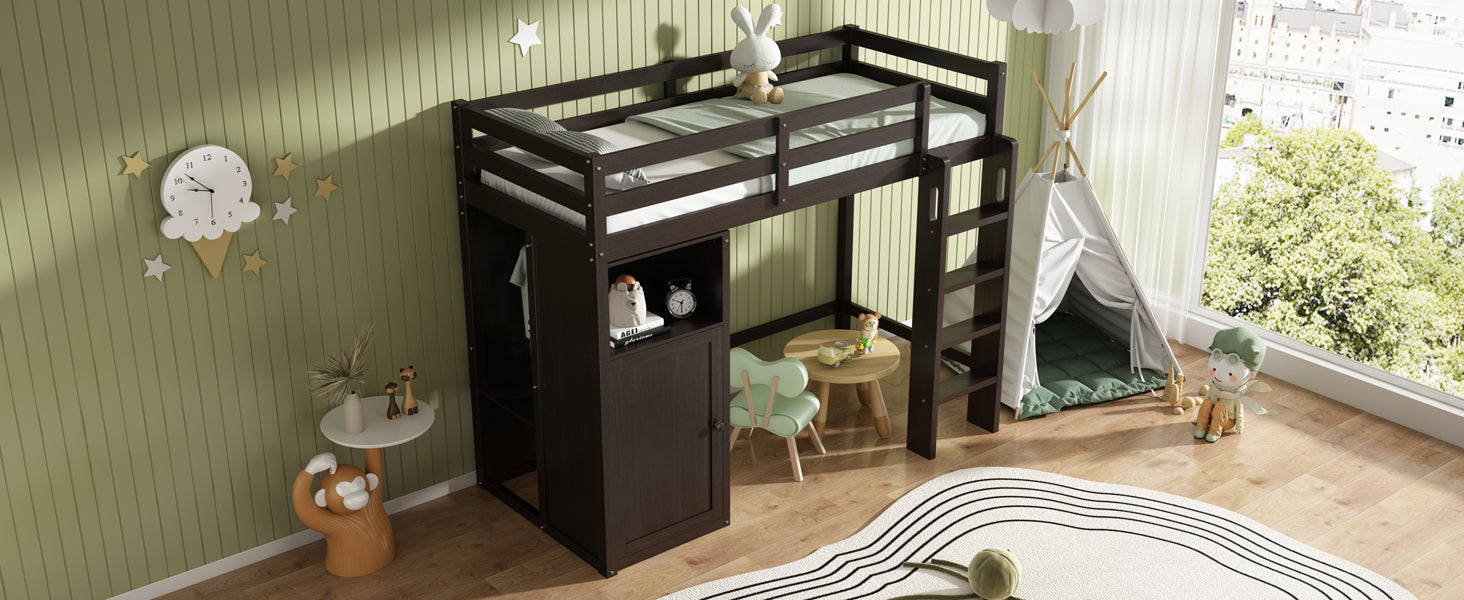 Twin Loft Bed With Wardrobe, Storage Shelves And Ladder, Espresso Twin Espresso Solid Wood Mdf