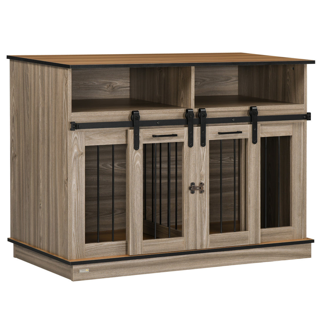 Pawhut Dog Crate Furniture For Large Dogs Or Double Dog Kennel For Small Dogs With Shelves, Sliding Doors, 47" X 23.5" X 35", Oak Natural Steel