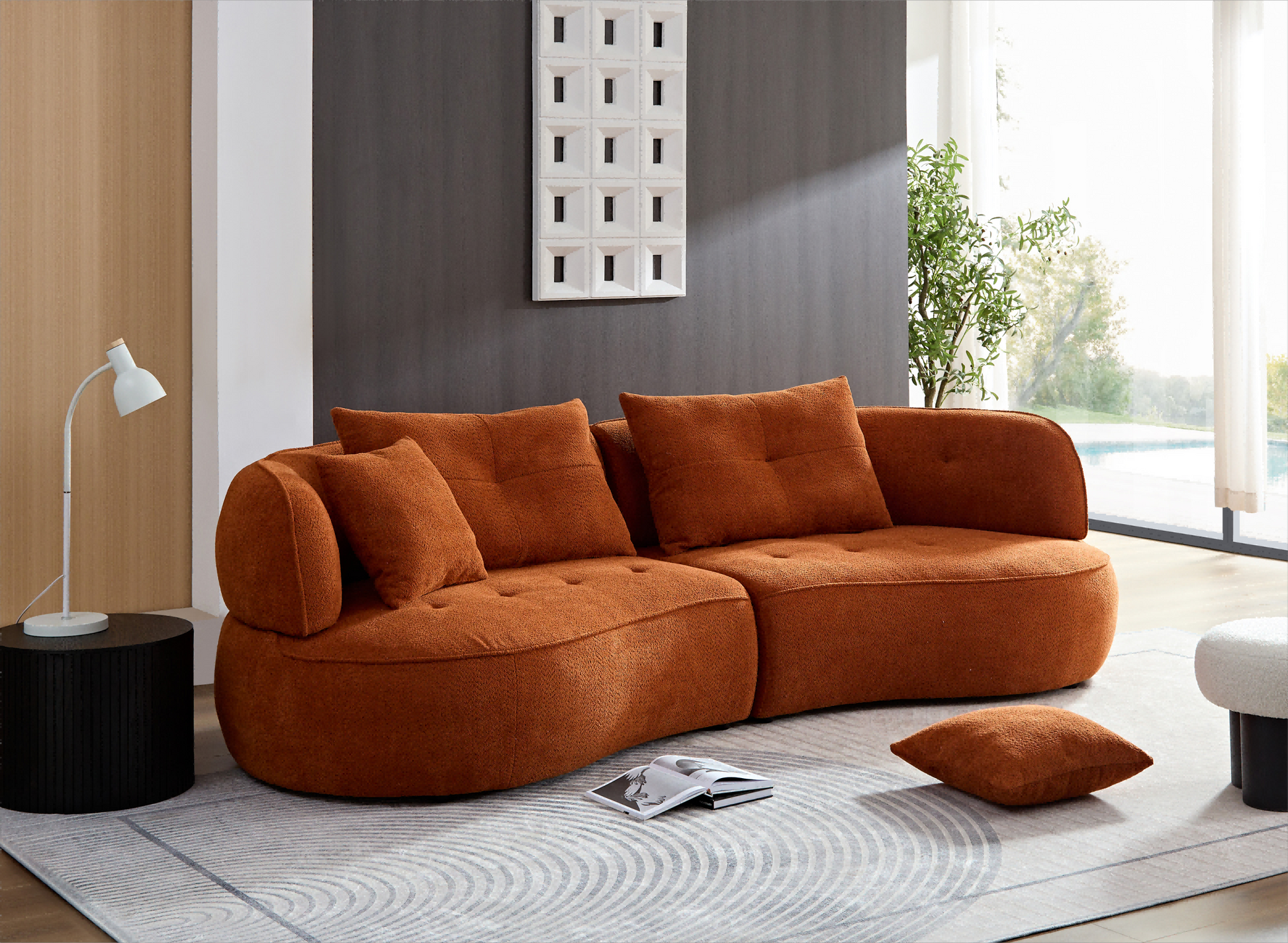 Wks7C Orange Sectional Sofa With Removable Pillows, Durable Fabric, Solid Wood Frame, High Density Sponge Filler Orange Fabric 4 Seat