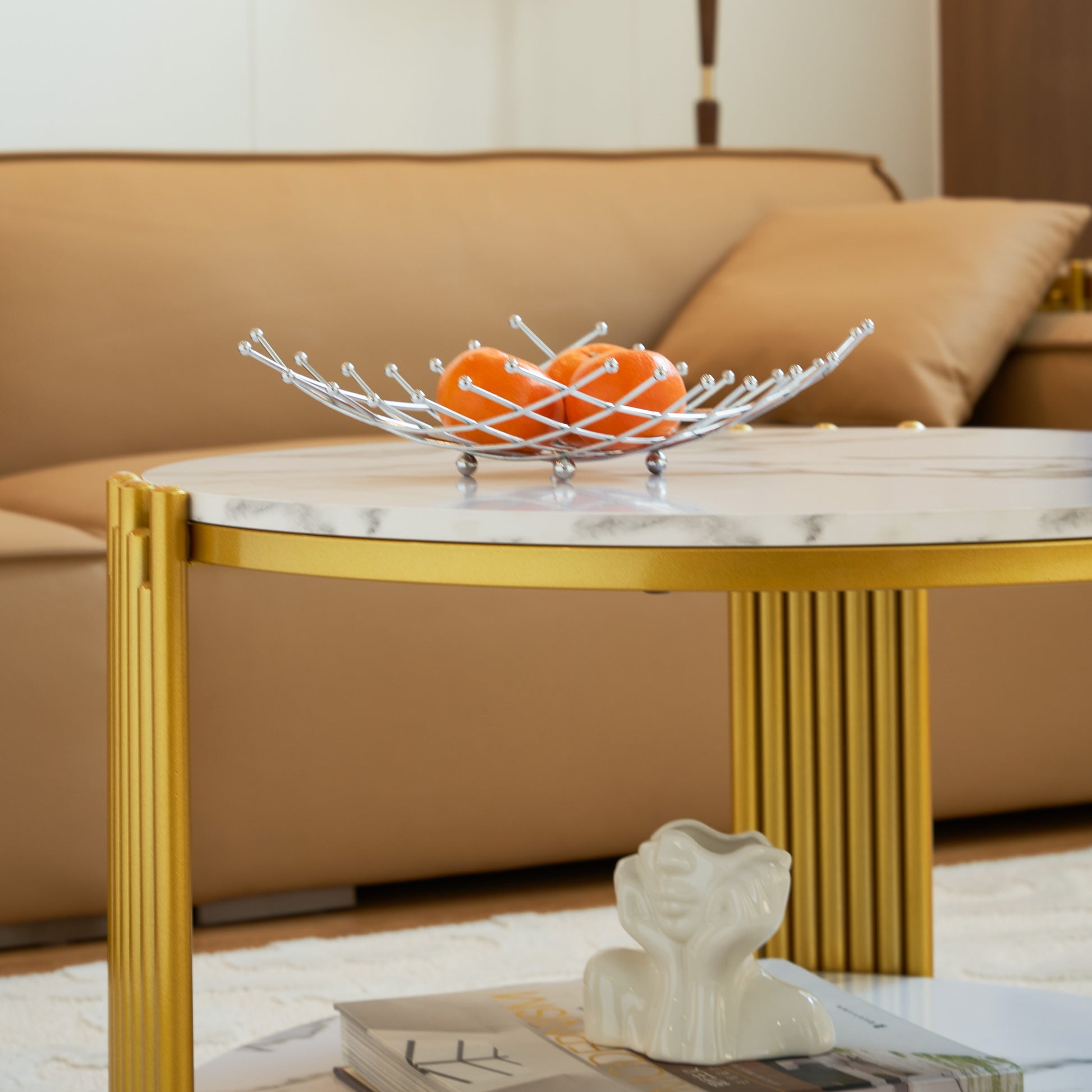 28.35 Inches Round Coffee Table, Small Coffee Table With Storage, Faux Marbling Top & Sturdy Metal Legs, Modern Sofa Table For Living Room, Small Spaces, Home Furniture With Storage Open Shelf. Gold Gold Mdf Metal