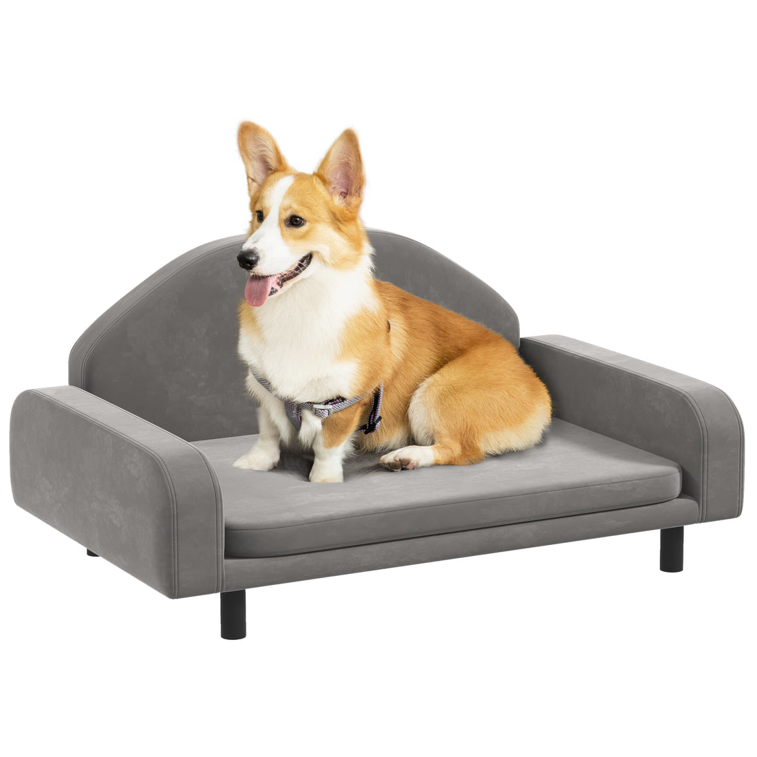 Pawhut Raised Dog Sofa, Elevated Pet Sofa For Small And Medium Dogs, With Soft Cushion, Removable Cover, Anti Slip Pads, Gray Gray Wood