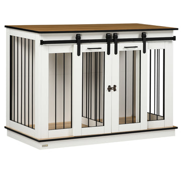 Pawhut Dog Crate Furniture With Divider, Dog Crate End Table For Small To Large Dogs, Large Indoor Dog Kennel With Double Doors, 47"W X 23.5"D X 35"H, White White Steel