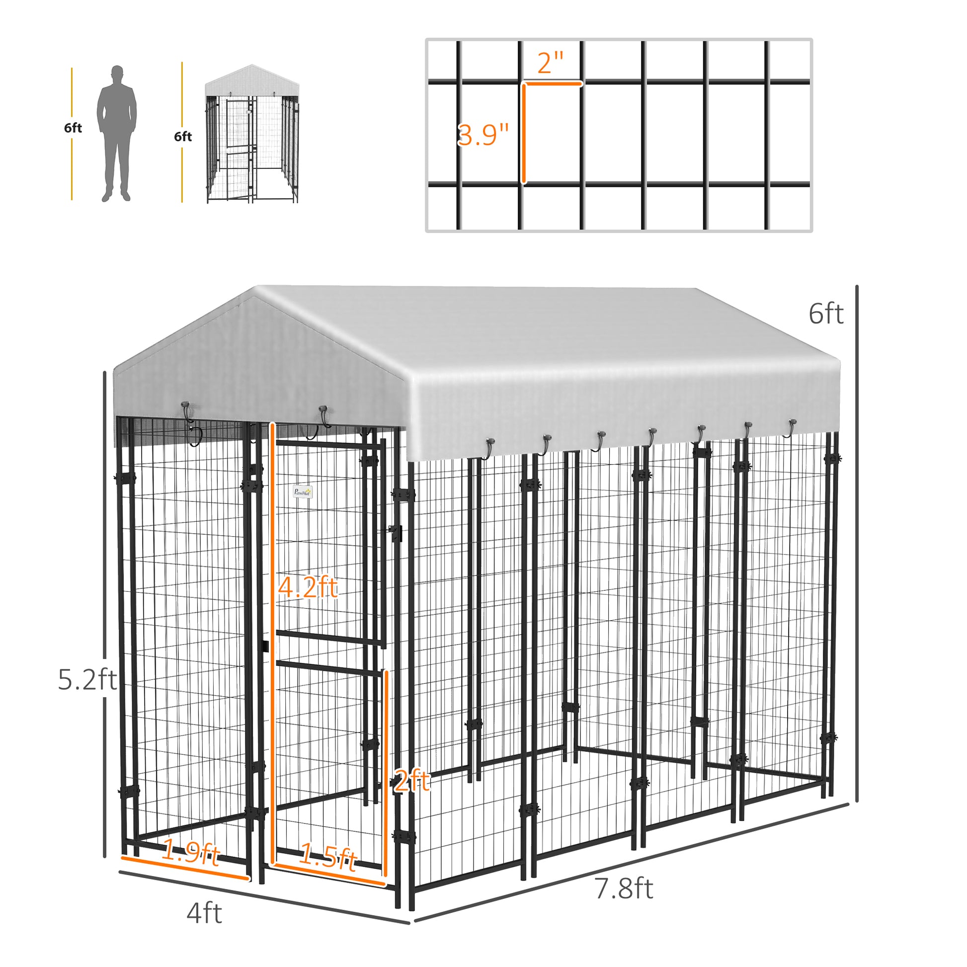 Pawhut 7.8' X 6' Dog Kennel Outdoor With Waterproof Cover, Dog Playpen For Extra Large Dogs With Two Part Door Design, Silver Silver Steel