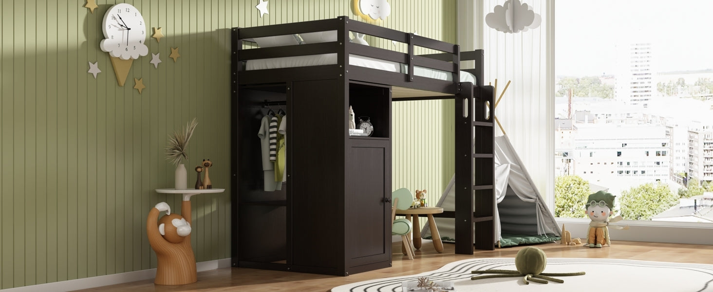 Twin Loft Bed With Wardrobe, Storage Shelves And Ladder, Espresso Twin Espresso Solid Wood Mdf