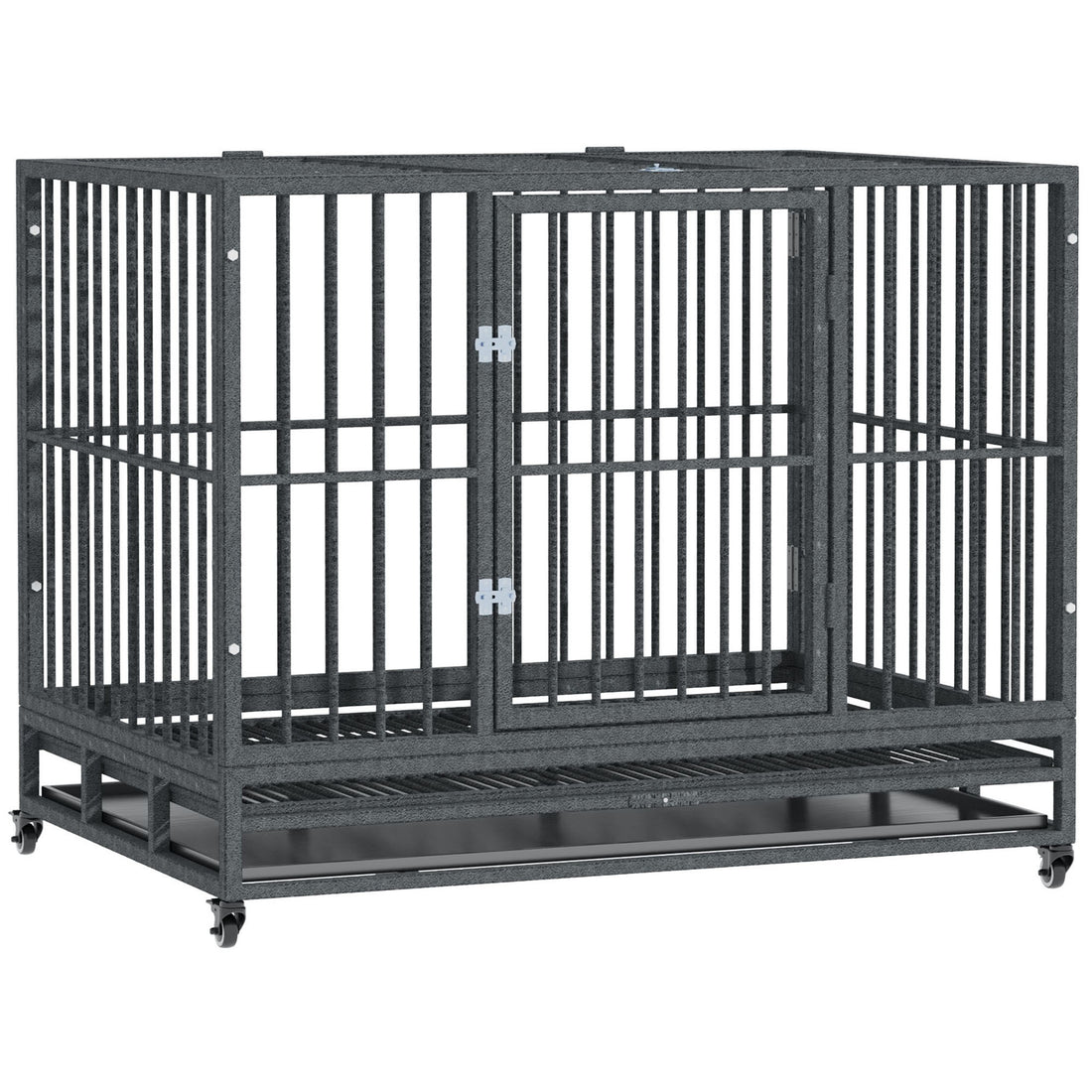 Pawhut 43" Heavy Duty Dog Crate Metal Cage Kennel With Lockable Wheels, Double Door And Removable Tray, Grey Gray Steel