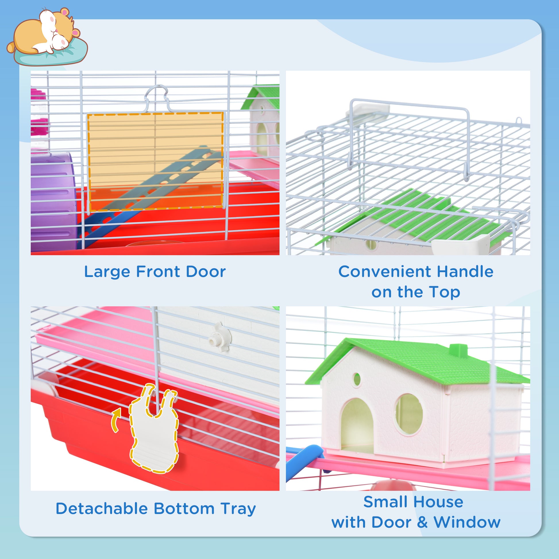 Pawhut 18.5" Hamster Cage With Exercise Wheel And Water Bottle, Dish, Rat House And Habitat 2 Story Design, Red Red Metal