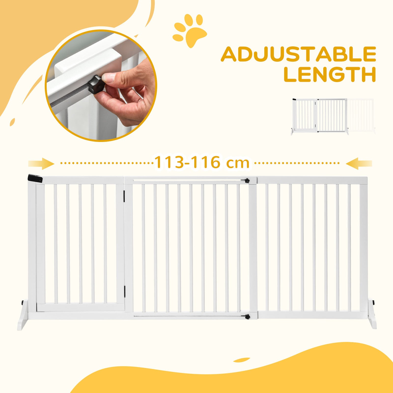 Pawhut Adjustable Wooden Pet Gate, Freestanding Dog Fence For Doorway, Hall, 3 Panels W Safety Barrier, Lockable Door, White, 44.5" 65.25" L X 14.25" H White Wood