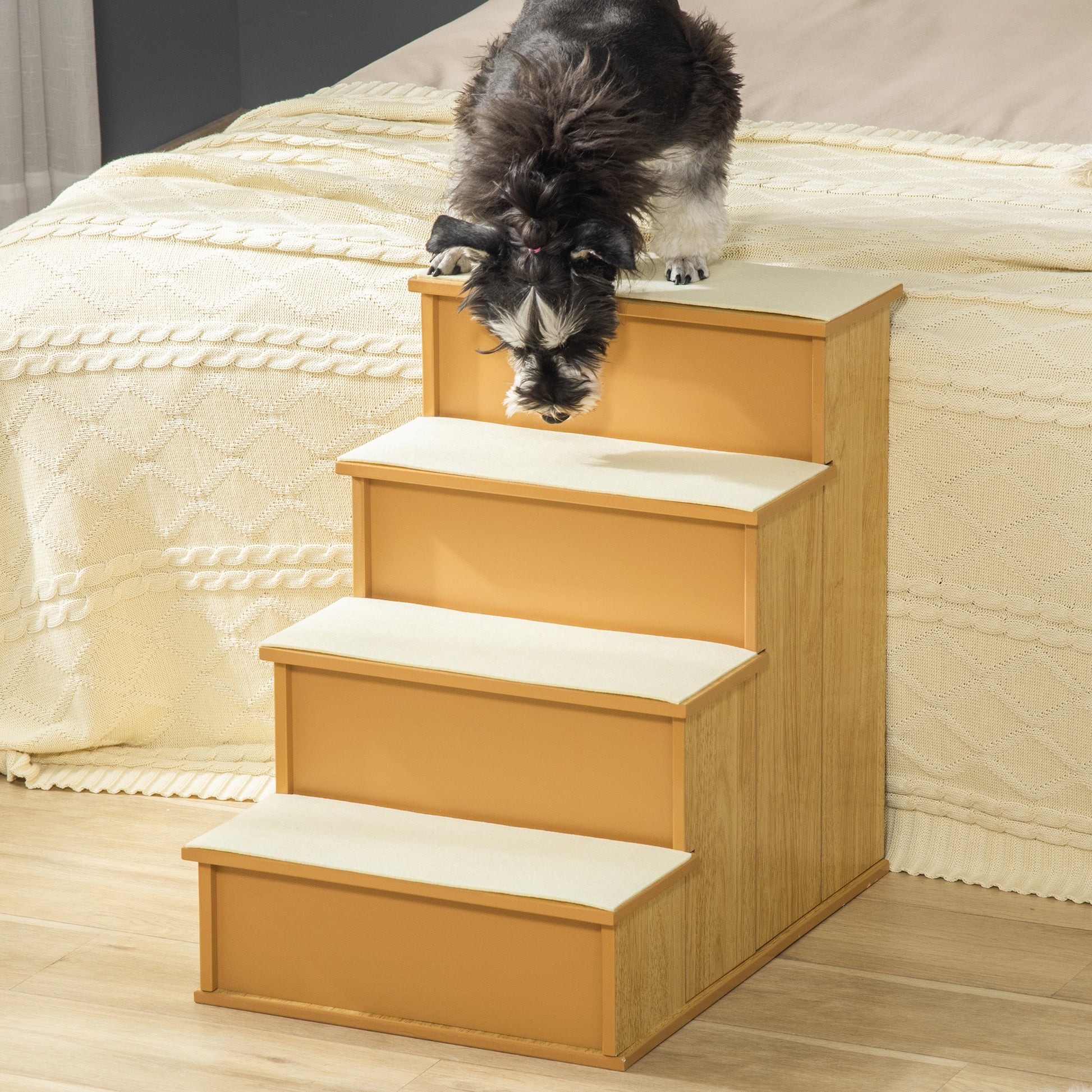 Pawhut Pet Stairs, Small Pet Steps With Cushioned Removable Covering For Dogs And Cats Up To 22 Lbs., Natural Natural Mdf