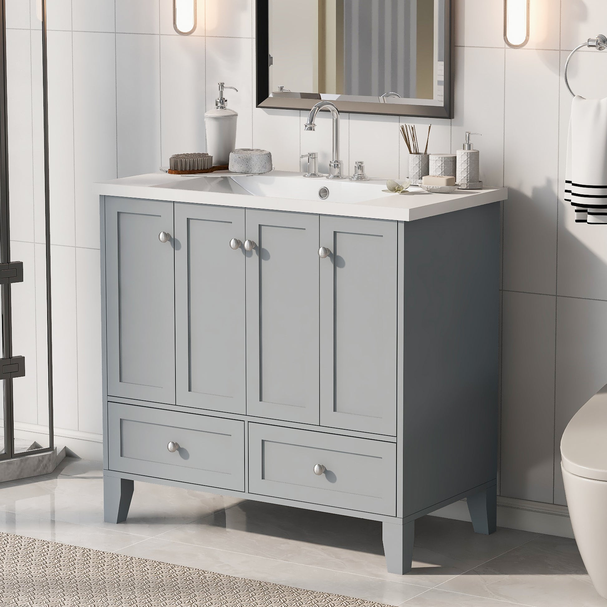 36'' Bathroom Vanity With Resin Sink Combo,Solid Wood Frame Bathroom Storage Cabinet, Freestanding Vanity Set With 4 Soft Closing Doors& 2 Drawers Same As Sw000124Aae Grey Bathroom Modern Solid Wood