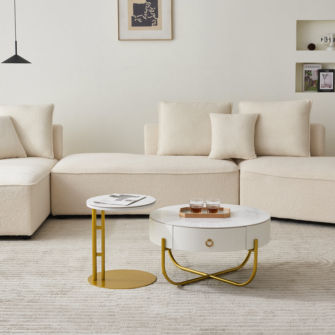 Morden Marble Nesting Table, Round Coffee Table Set Of 2 End Table For Living Room,Stacking Side Tables, For Living Room Bedroom, Accent Tea Table With Metal Frame, Sturdy And Easy Assembly Gold Gold Metal Stone