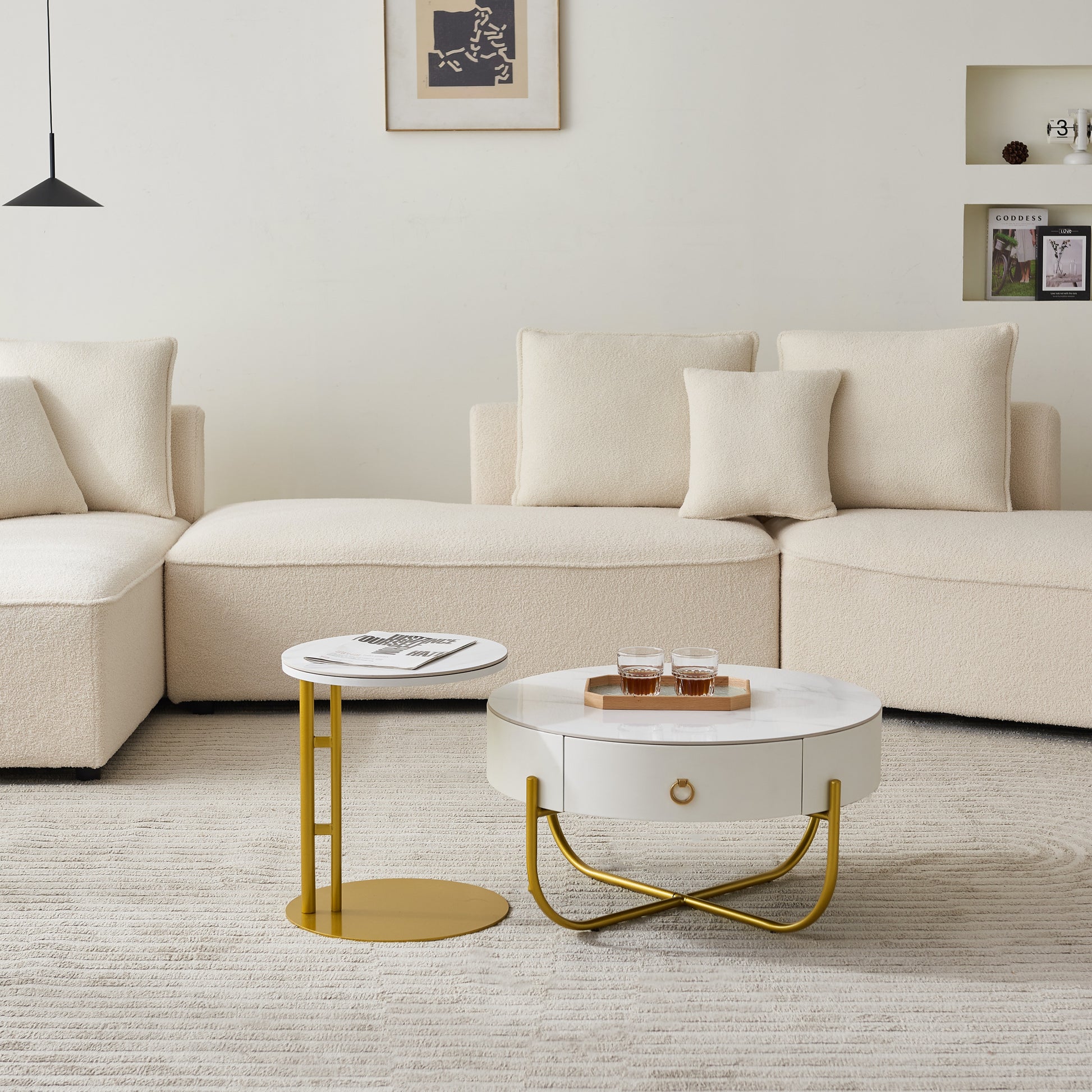 Morden Marble Nesting Table, Round Coffee Table Set Of 2 End Table For Living Room,Stacking Side Tables, For Living Room Bedroom, Accent Tea Table With Metal Frame, Sturdy And Easy Assembly Gold Gold Metal Stone