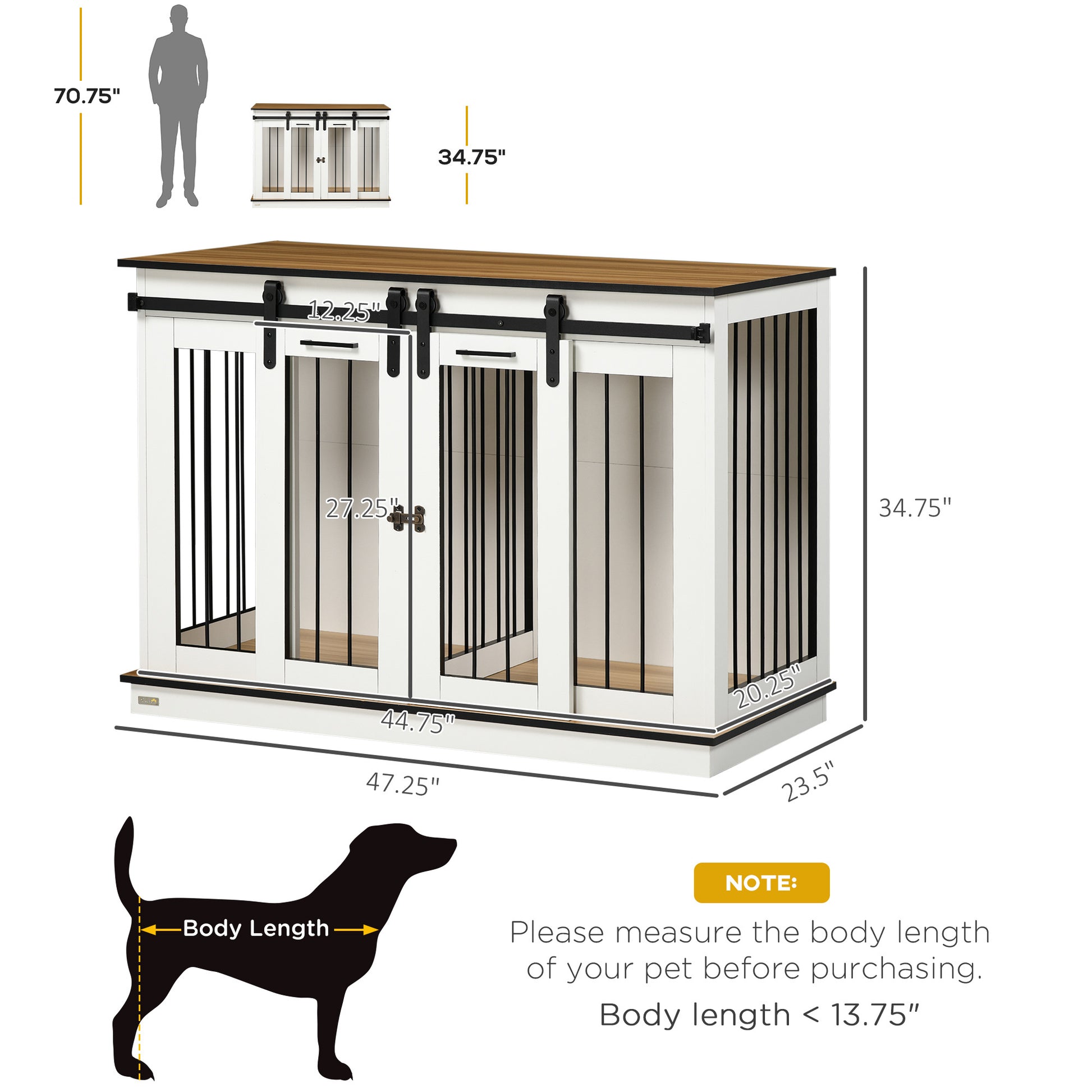 Pawhut Dog Crate Furniture With Divider, Dog Crate End Table For Small To Large Dogs, Large Indoor Dog Kennel With Double Doors, 47"W X 23.5"D X 35"H, White White Steel