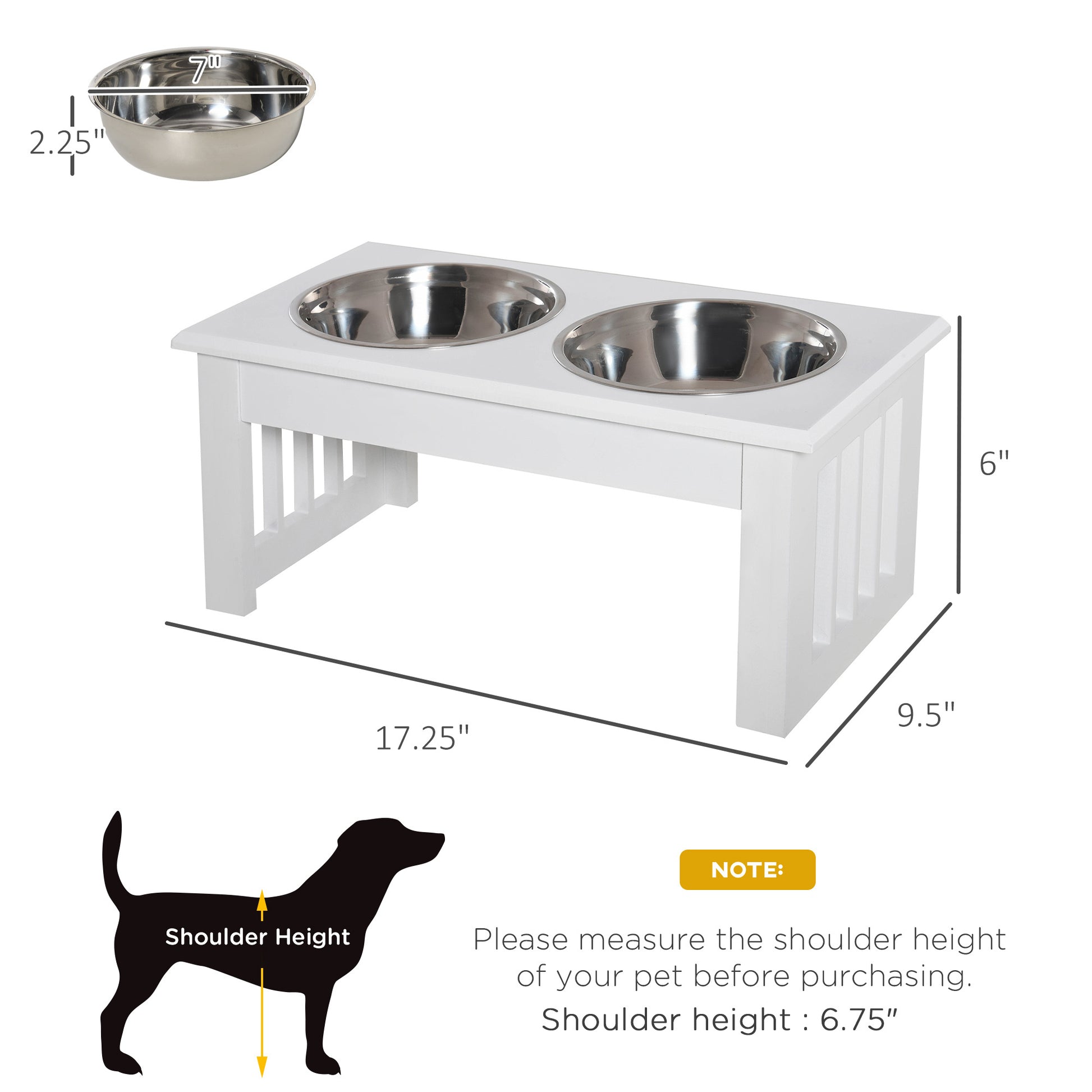 Pawhut 6" Height Small Puppy Dog Feeding Station For Messy Pets, Stainless Steel Elevated Dog Bowls With Modern Wooden Frame, Dog Food Stand Pet Feeding Station, White White Steel