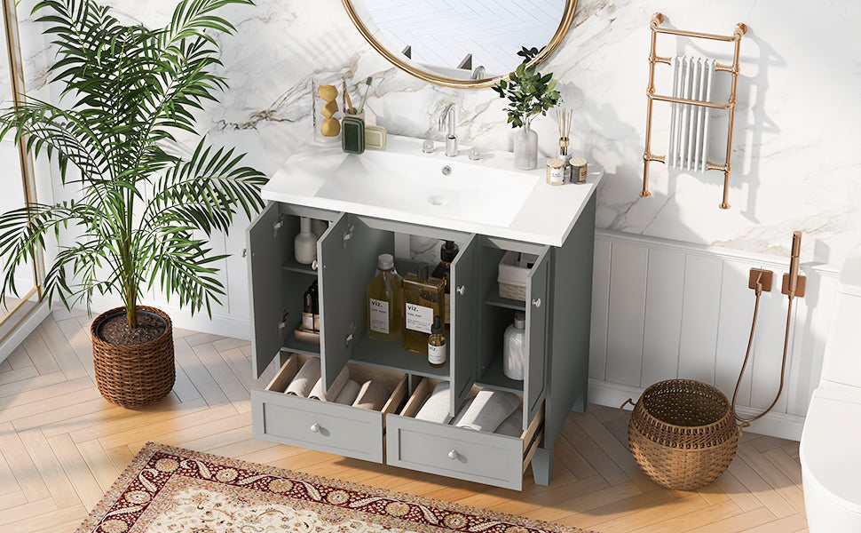 36'' Bathroom Vanity With Resin Sink Combo,Solid Wood Frame Bathroom Storage Cabinet, Freestanding Vanity Set With 4 Soft Closing Doors& 2 Drawers Same As Sw000124Aae Grey Bathroom Modern Solid Wood