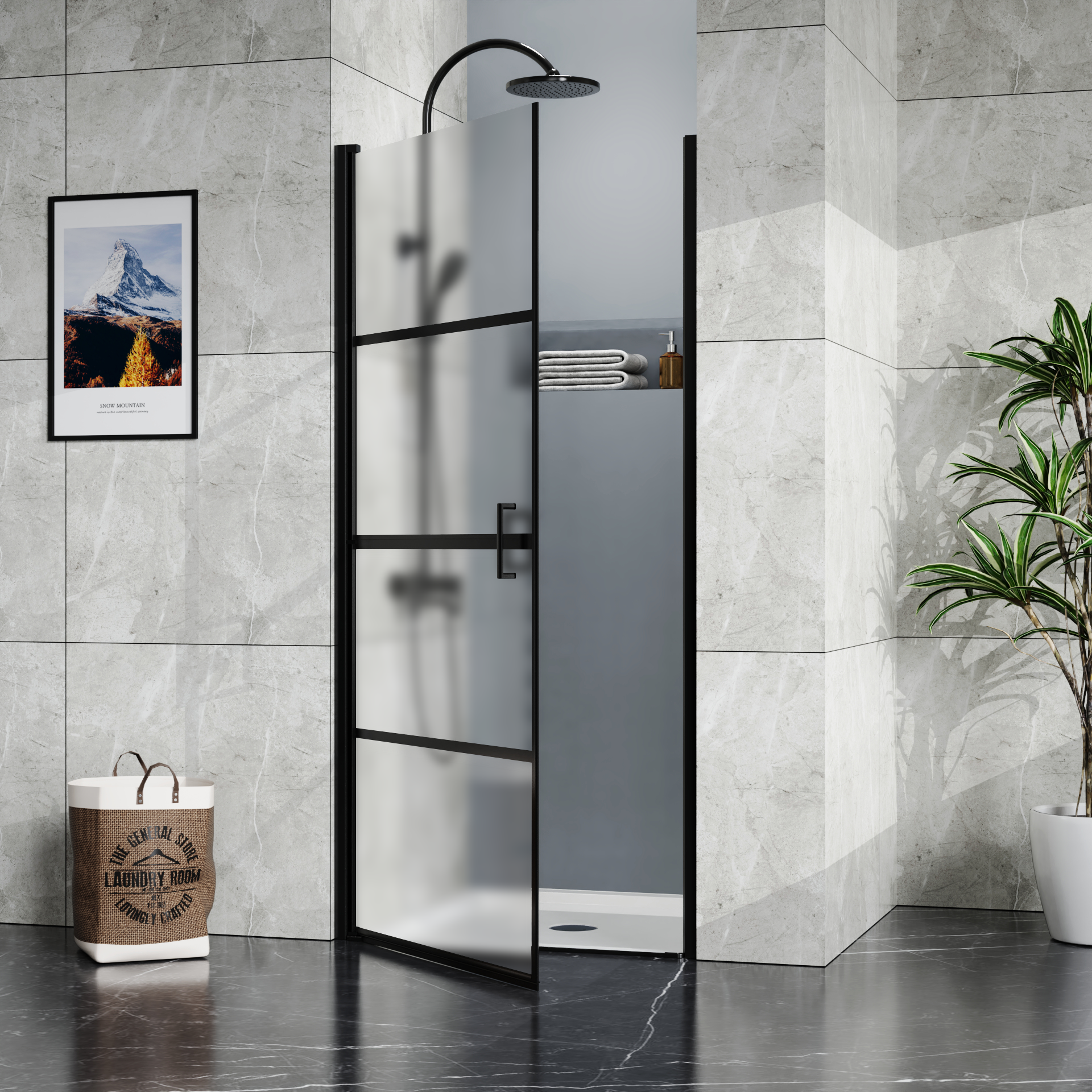 Goodyo Framed Hinged Shower Door,34"X72" Swing Tempered Glass Door, Black, Frosted Black Glass