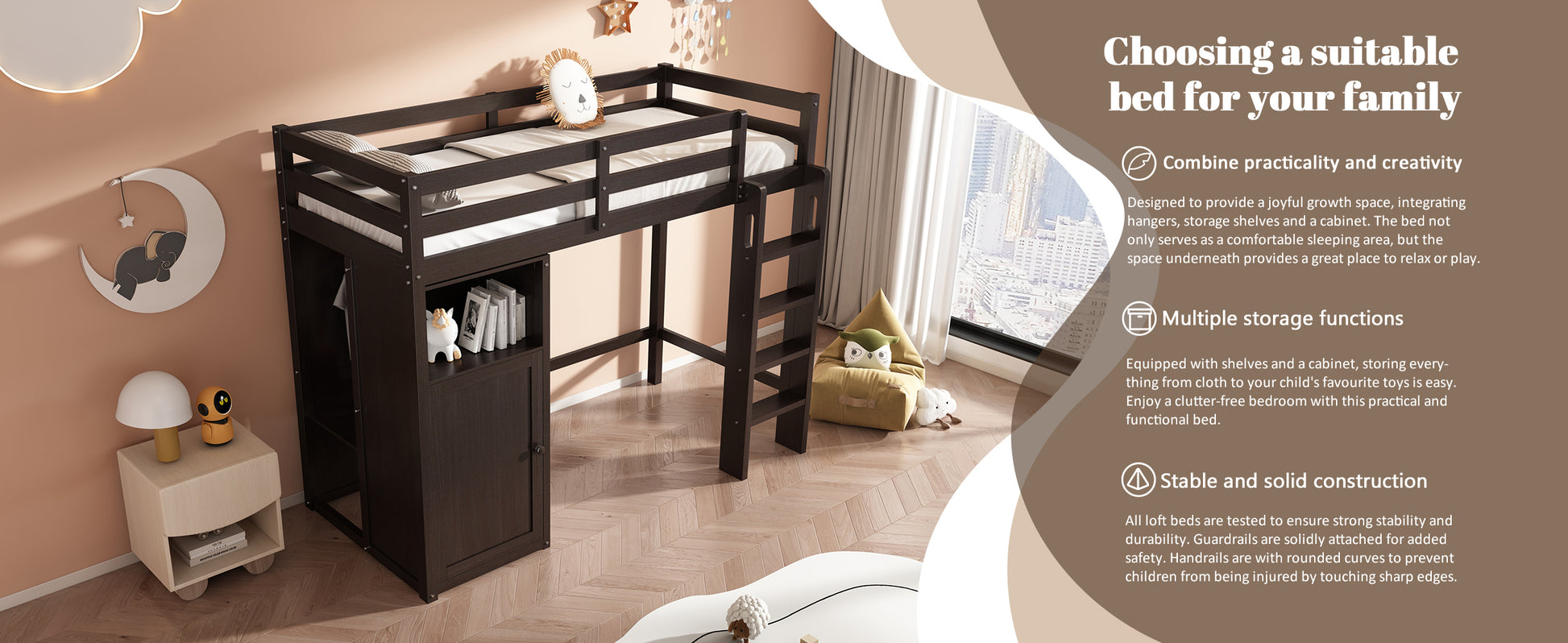 Twin Loft Bed With Wardrobe, Storage Shelves And Ladder, Espresso Twin Espresso Solid Wood Mdf