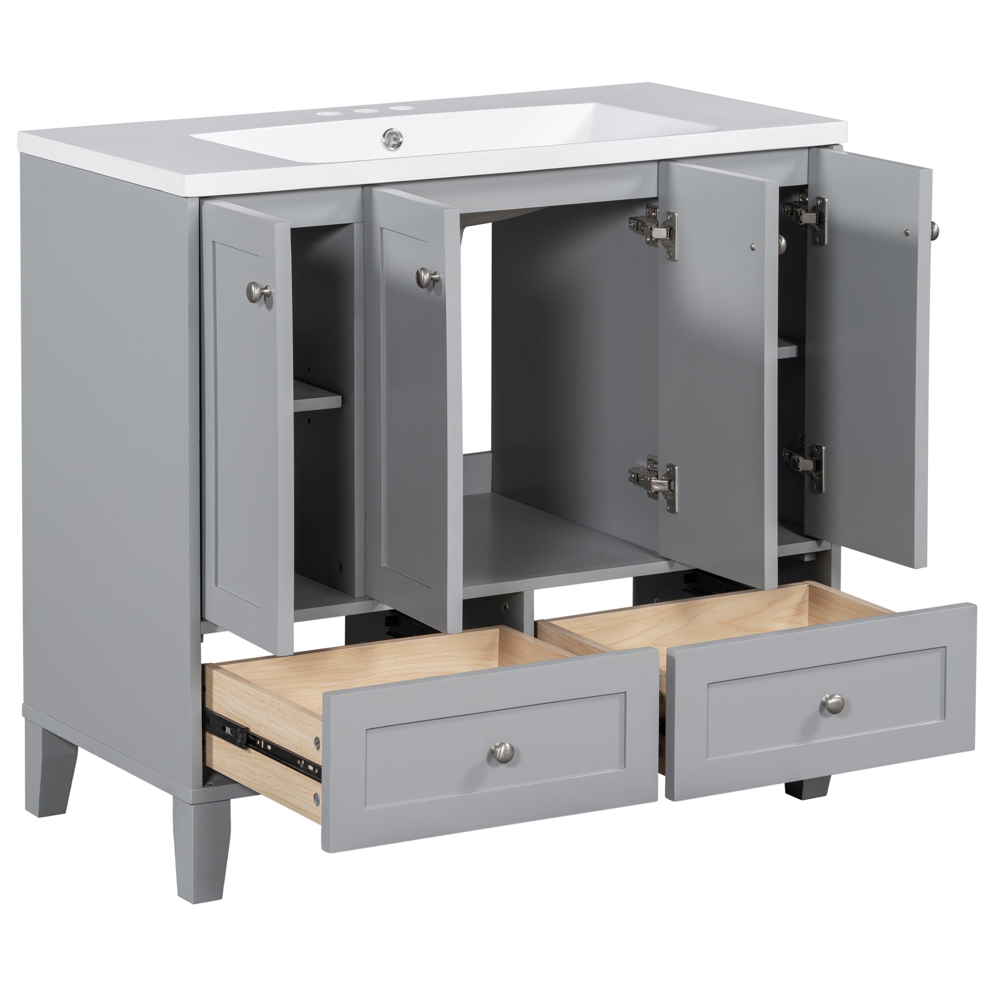 36'' Bathroom Vanity With Resin Sink Combo,Solid Wood Frame Bathroom Storage Cabinet, Freestanding Vanity Set With 4 Soft Closing Doors& 2 Drawers Same As Sw000124Aae Grey Bathroom Modern Solid Wood