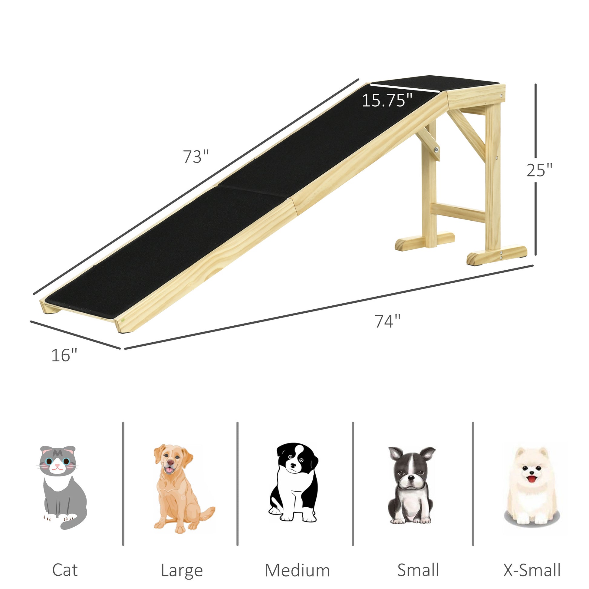 Pawhut Dog Ramp For Bed, Pet Ramp For Dogs With Non Slip Carpet And Top Platform, 74" X 16" X 25", Natural Natural Wood