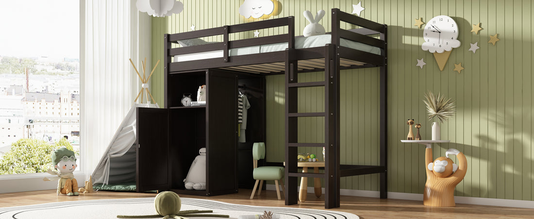 Twin Loft Bed With Wardrobe, Storage Shelves And Ladder, Espresso Twin Espresso Solid Wood Mdf