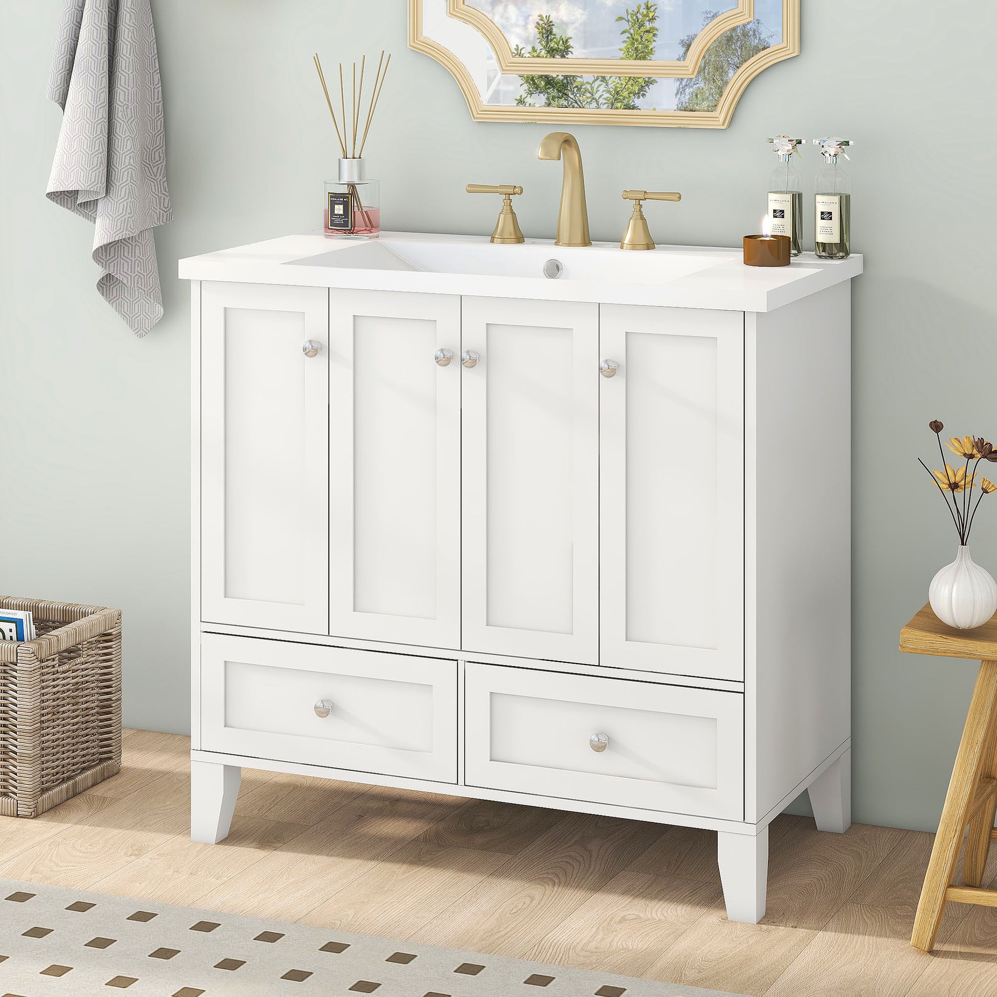 36'' Bathroom Vanity With Resin Sink Combo,Solid Wood Frame Bathroom Storage Cabinet, Freestanding Vanity Set With 4 Soft Closing Doors& 2 Drawers 2 White 4 5 Adjustable Shelves Bathroom Freestanding Solid Wood Mdf Resin Painted