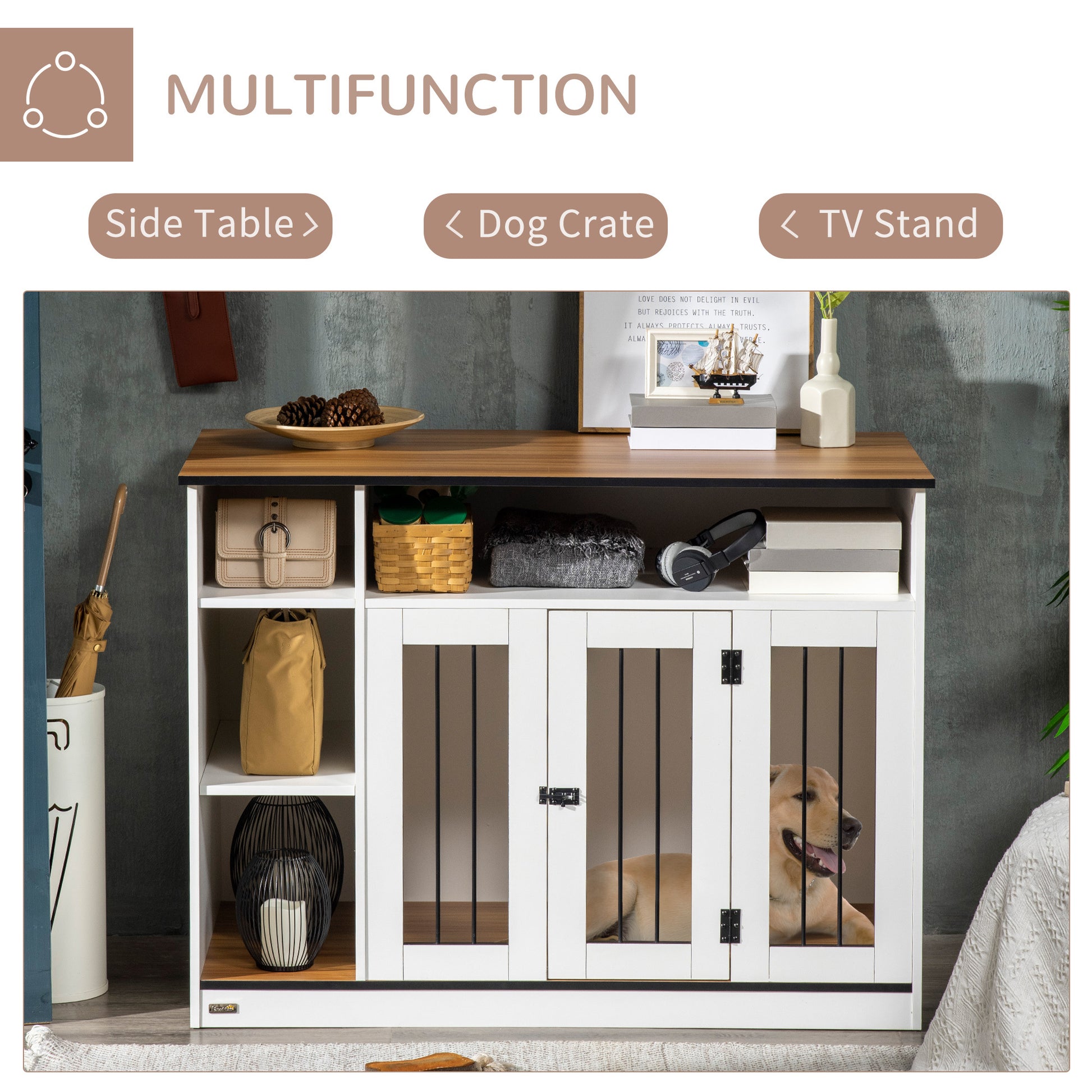 Pawhut Dog Crate Furniture With Adjustable Shelf, Dog Crate End Table, Indoor Pet Crate For Medium And Large Dogs, With Large Flat Surface, 47" X 23.5" X 35", White White Steel