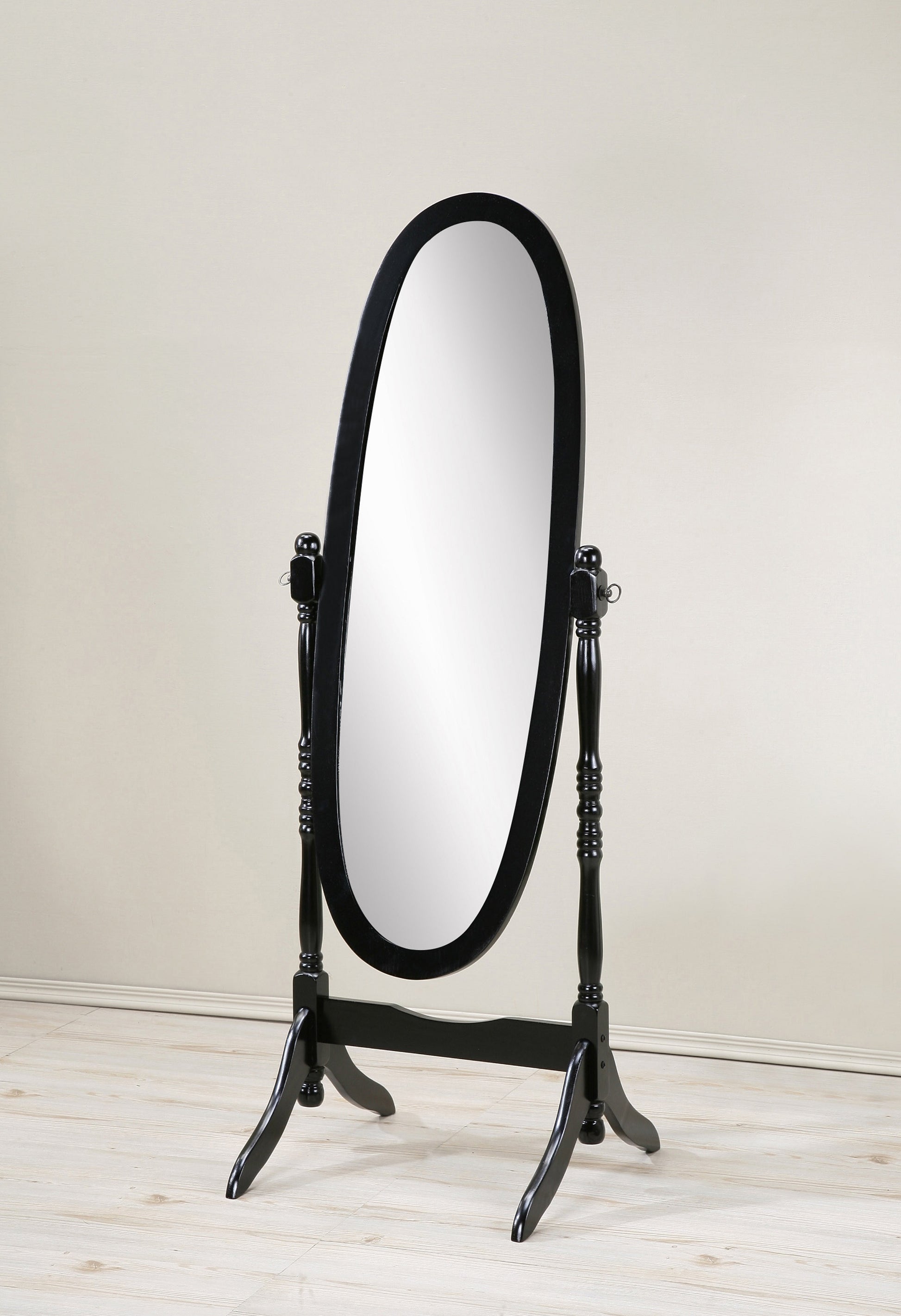 Traditional Queen Anna Style Wood Floor Cheval Mirror, Black Finish Black Wood