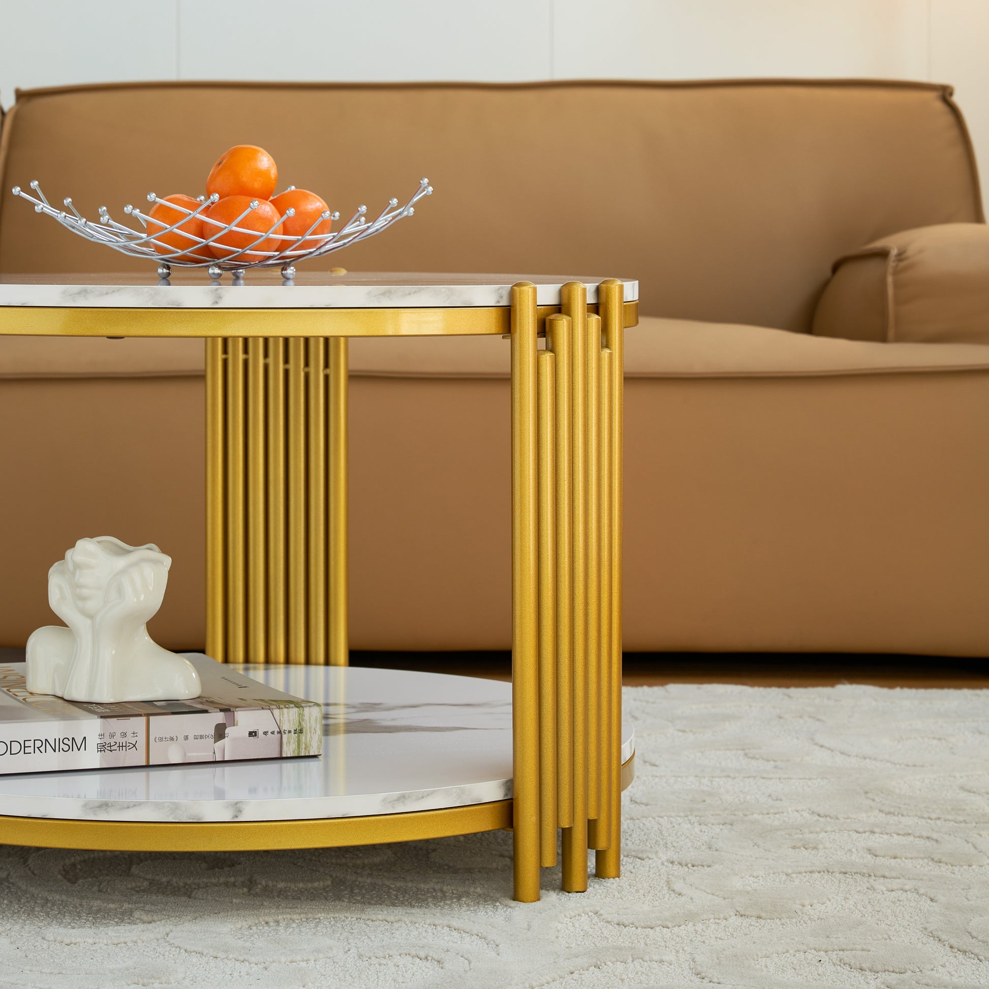 28.35 Inches Round Coffee Table, Small Coffee Table With Storage, Faux Marbling Top & Sturdy Metal Legs, Modern Sofa Table For Living Room, Small Spaces, Home Furniture With Storage Open Shelf. Gold Gold Mdf Metal