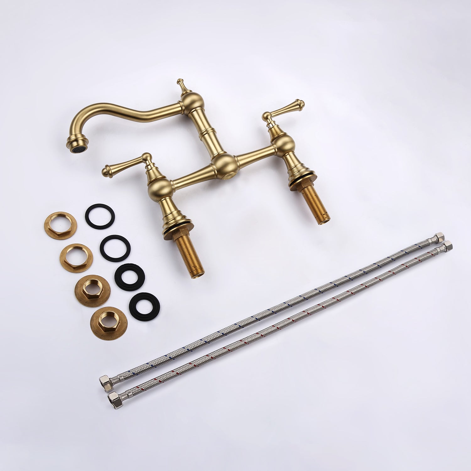 Double Handle Widespread Kitchen Faucet With Traditional Handles Brushed Gold Brass