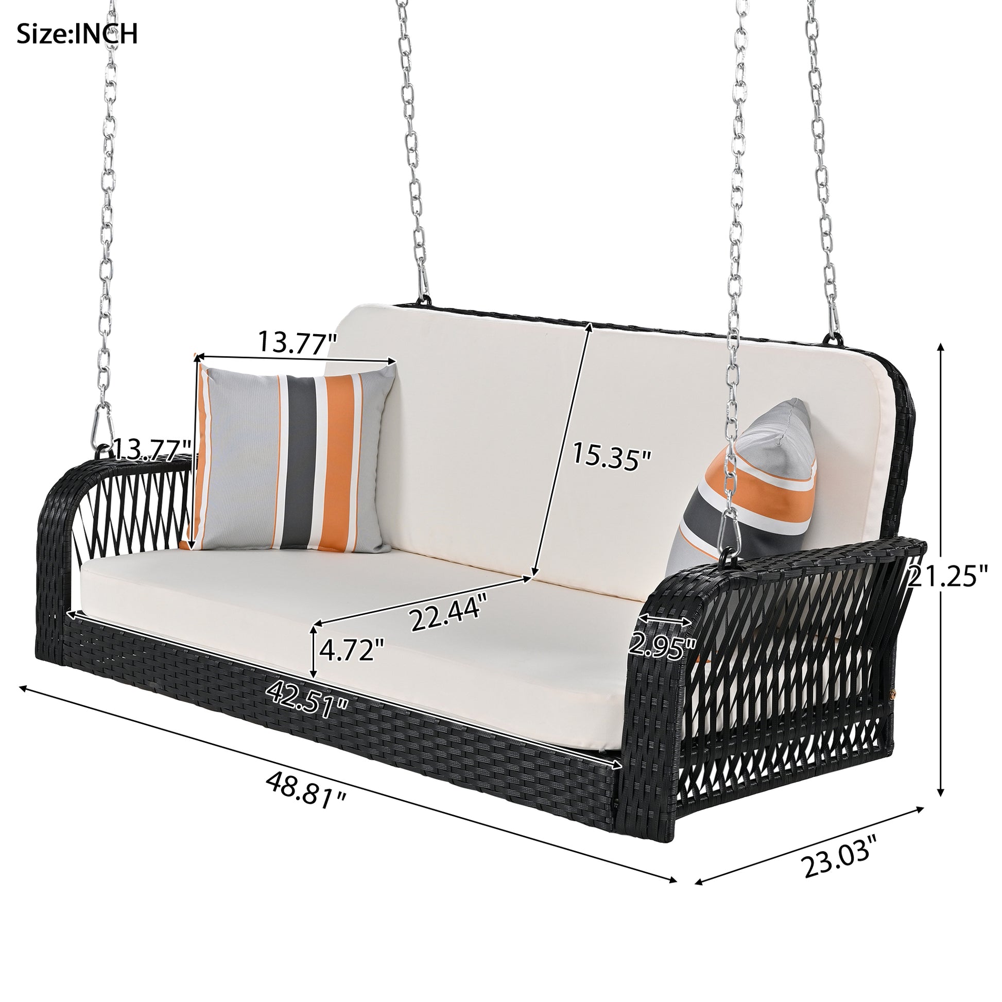 Pe Wicker Porch Swing, 2 Seater Hanging Bench With Chains, Patio Furniture Swing For Backyard Garden Poolside, Black And Beige Beige Black Foam Wicker