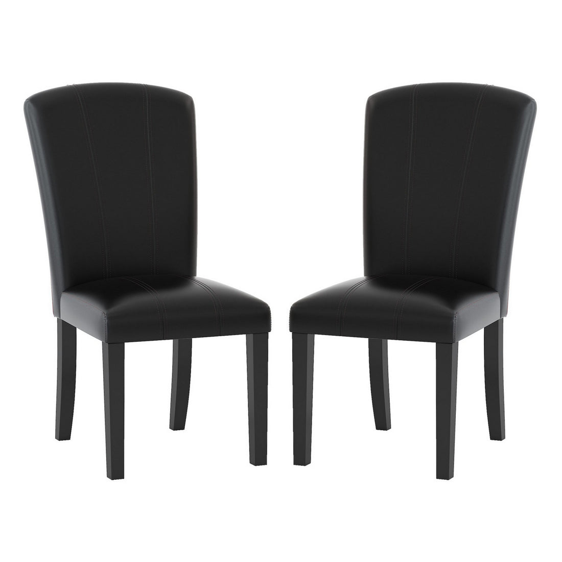 25 Inch Wood Side Chair, Curved Design, Black Vegan Faux Leather, Set Of 2 Black Wood Fabric