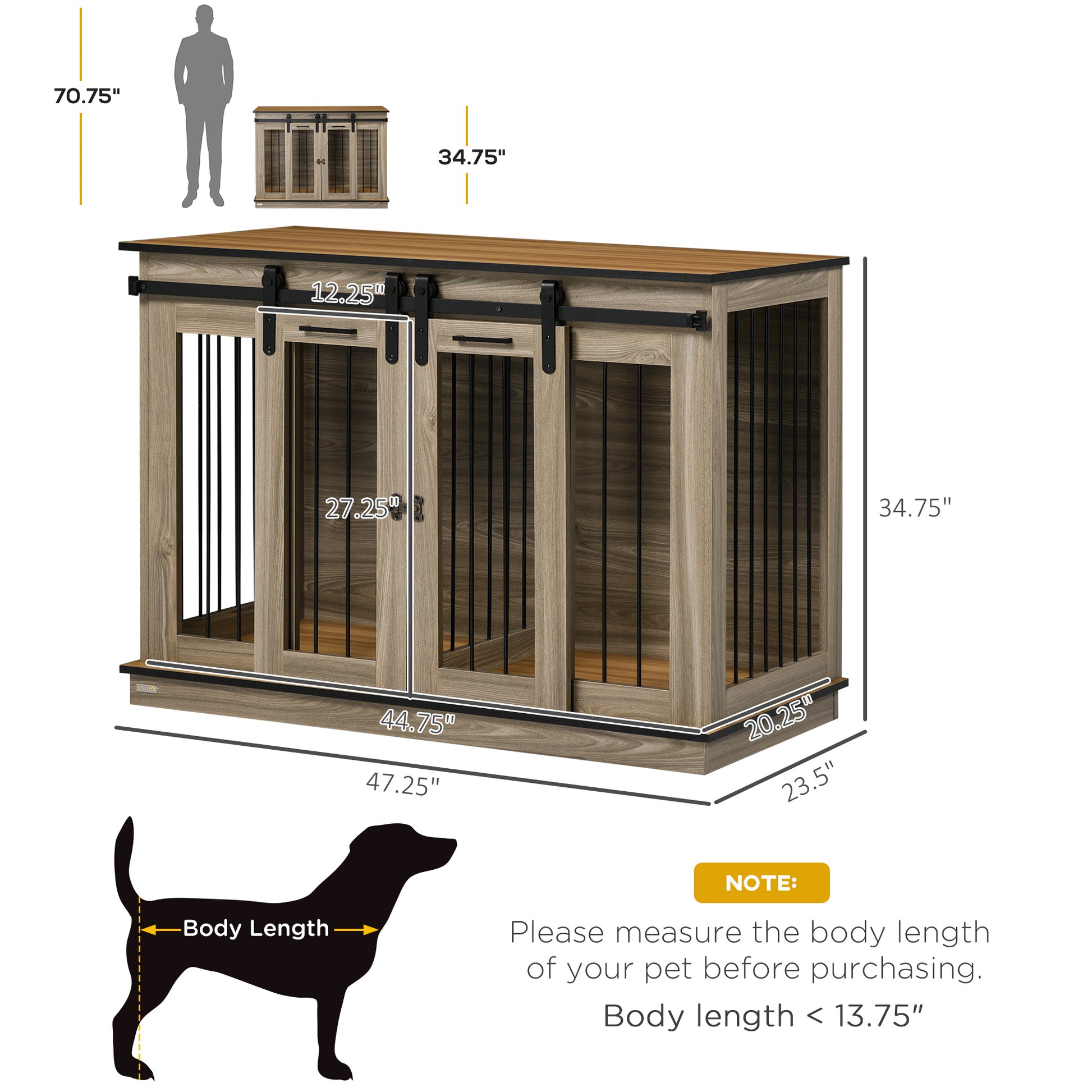 Pawhut Dog Crate Furniture With Divider, Dog Crate End Table For Small To Large Dogs, Large Indoor Dog Kennel With Double Doors, 47"W X 23.5"D X 35"H, Oak Natural Steel