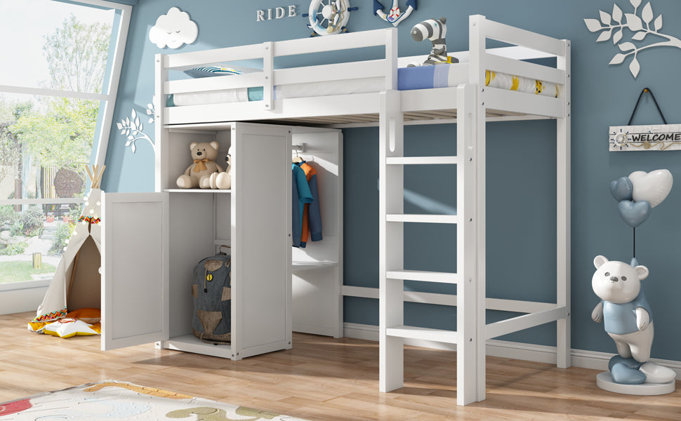 Twin Loft Bed With Wardrobe, Storage Shelves And Ladder, White Twin White Solid Wood Mdf