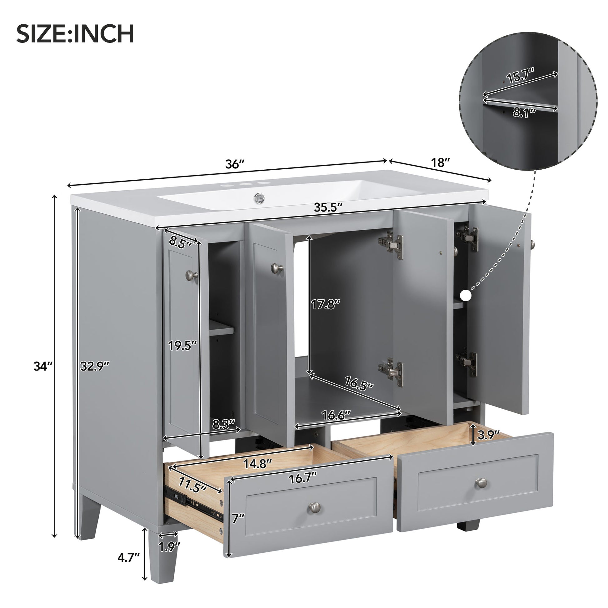 36'' Bathroom Vanity With Resin Sink Combo,Solid Wood Frame Bathroom Storage Cabinet, Freestanding Vanity Set With 4 Soft Closing Doors& 2 Drawers Same As Sw000124Aae Grey Bathroom Modern Solid Wood