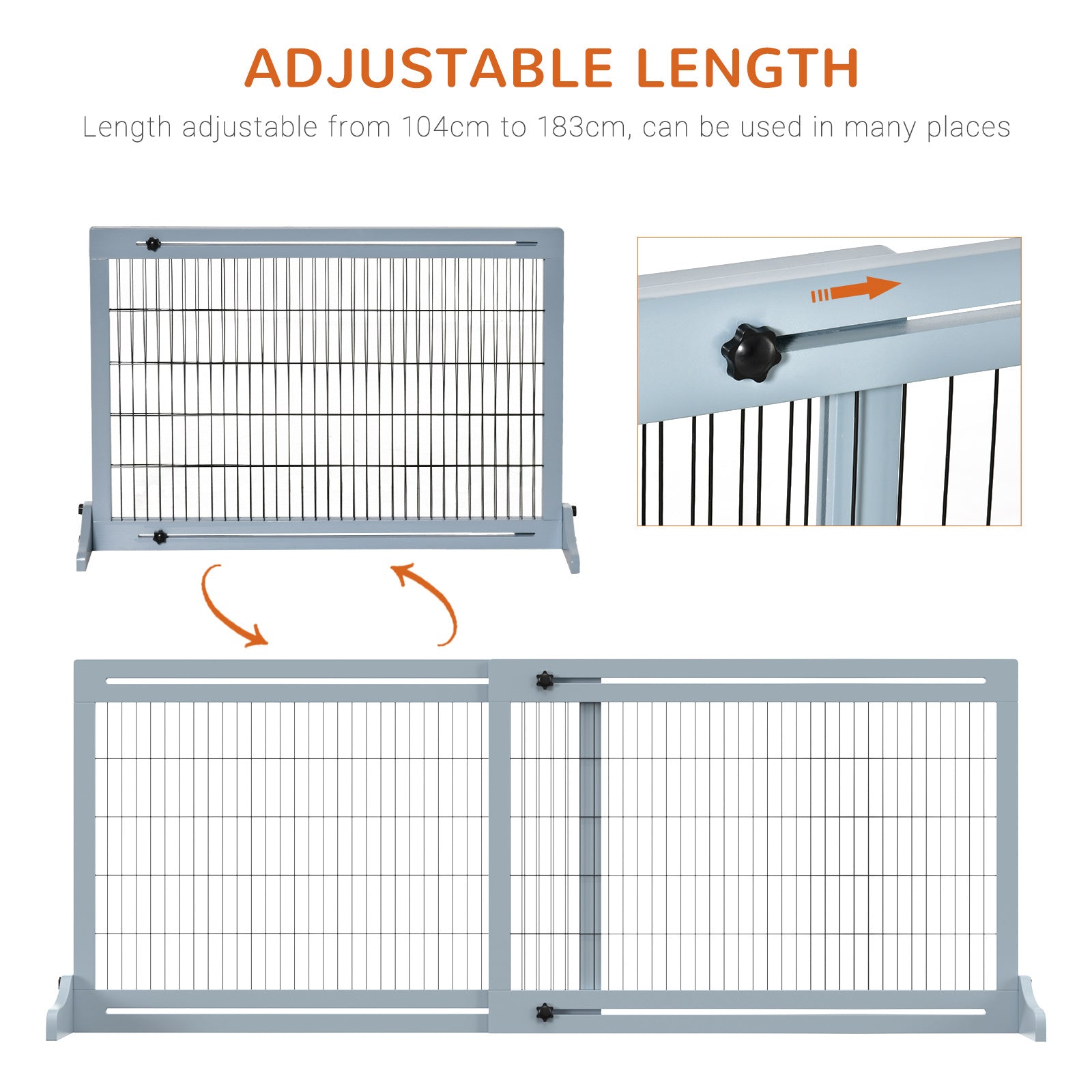 Pawhut 72" W X 27.25" H Extra Wide Freestanding Pet Gate With Adjustable Length Dog, Cat, Barrier For House, Doorway, Hallway, Blue Grey Gray Wood