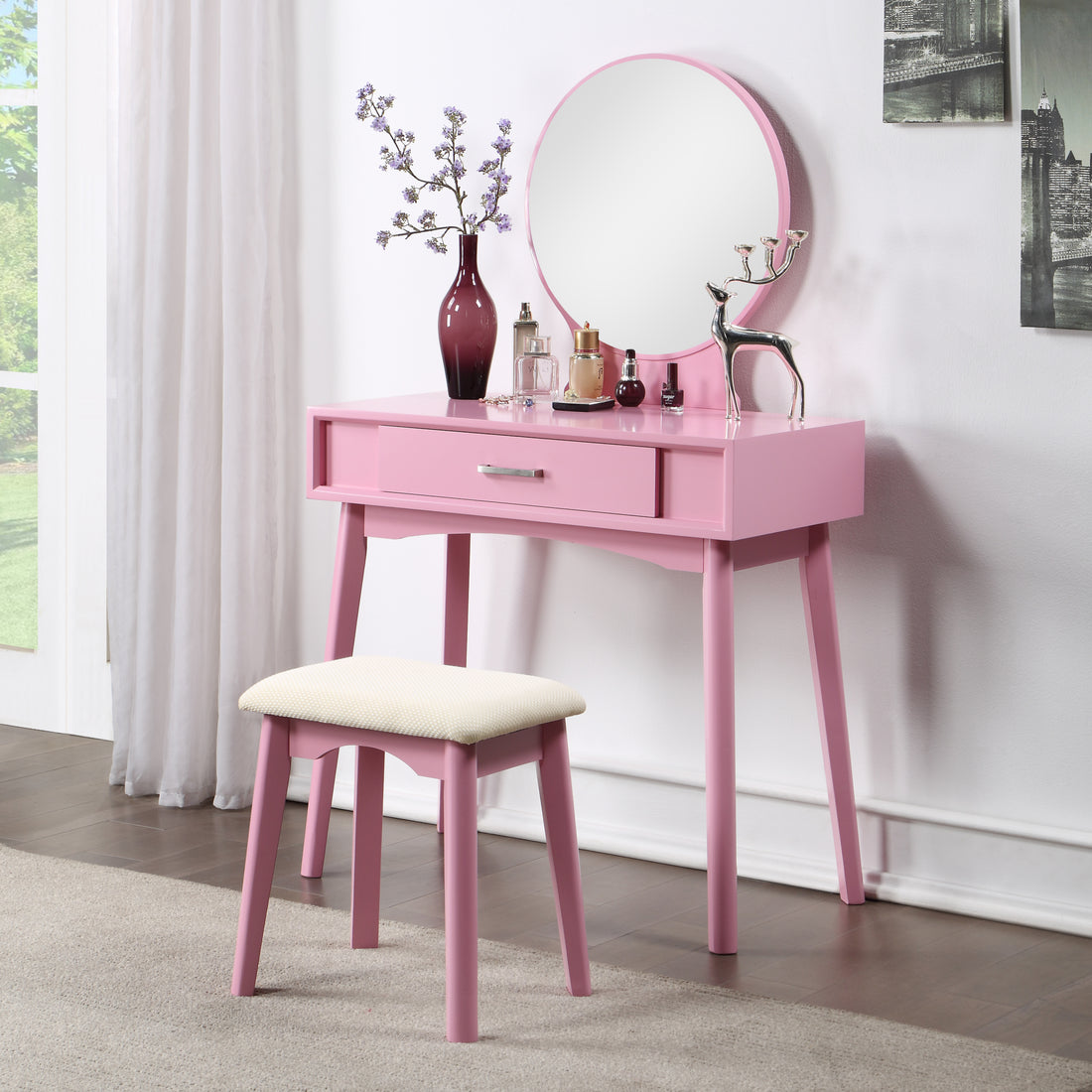 Maly Contemporary Wood Vanity And Stool Set, Pink Pink Wood