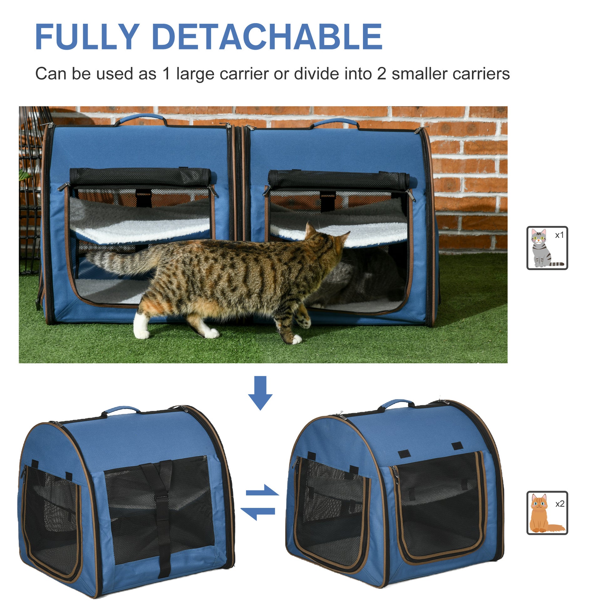 Pawhut 39" Portable Soft Sided Pet Cat Carrier With Divider, Two Compartments, Soft Cushions, & Storage Bag, Blue Blue Metal