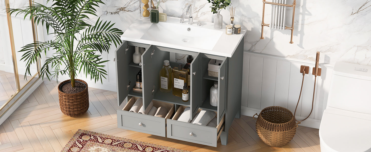 36'' Bathroom Vanity With Resin Sink Combo,Solid Wood Frame Bathroom Storage Cabinet, Freestanding Vanity Set With 4 Soft Closing Doors& 2 Drawers Same As Sw000124Aae Grey Bathroom Modern Solid Wood