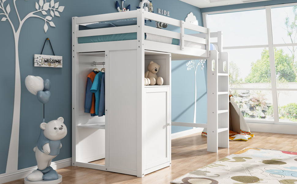 Twin Loft Bed With Wardrobe, Storage Shelves And Ladder, White Twin White Solid Wood Mdf