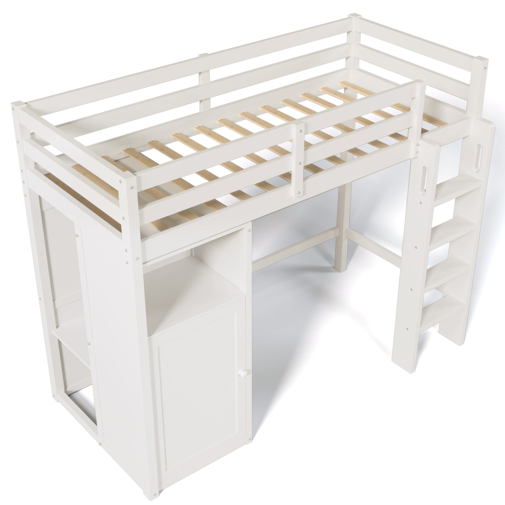 Twin Loft Bed With Wardrobe, Storage Shelves And Ladder, White Twin White Solid Wood Mdf