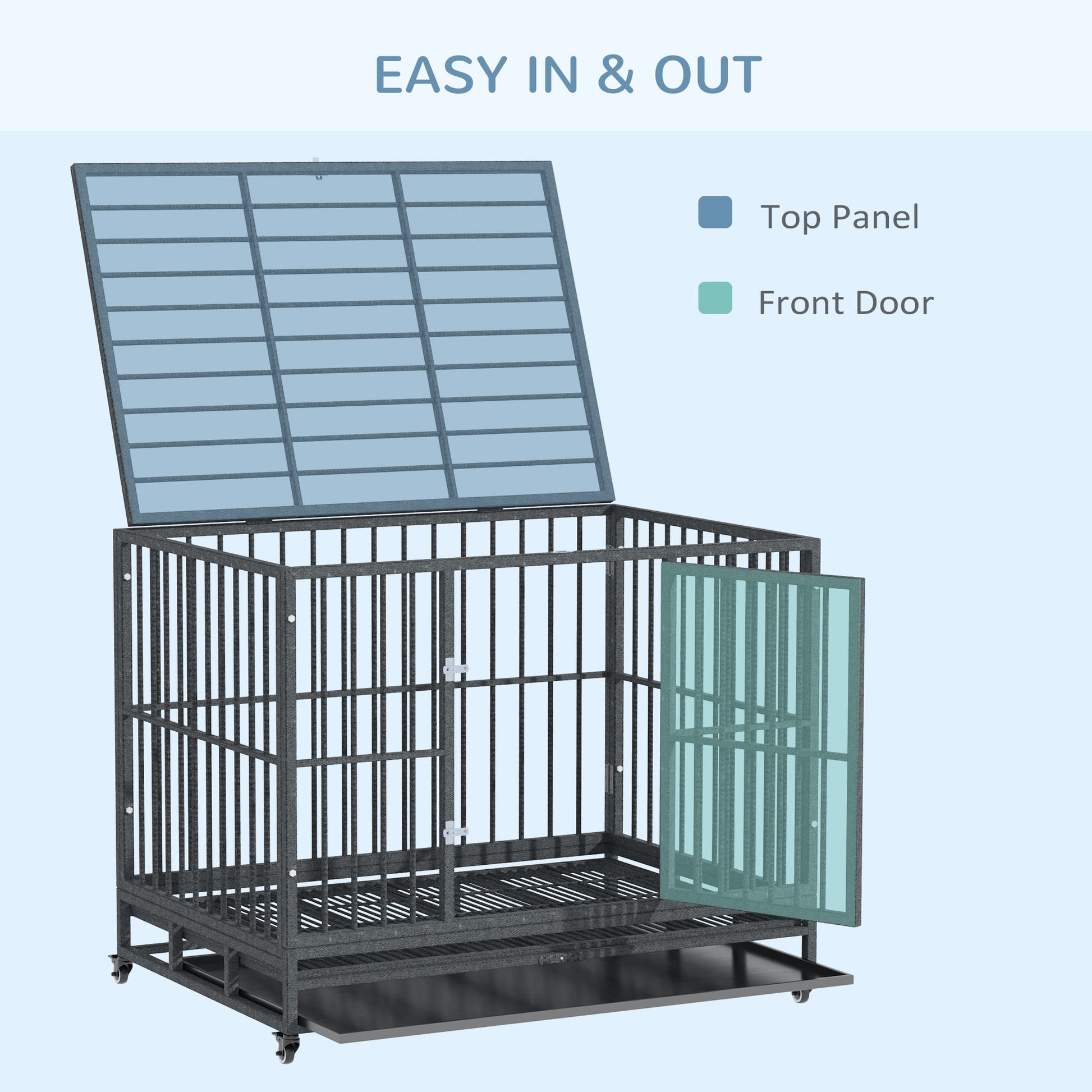 Pawhut 43" Heavy Duty Dog Crate Metal Cage Kennel With Lockable Wheels, Double Door And Removable Tray, Grey Gray Steel